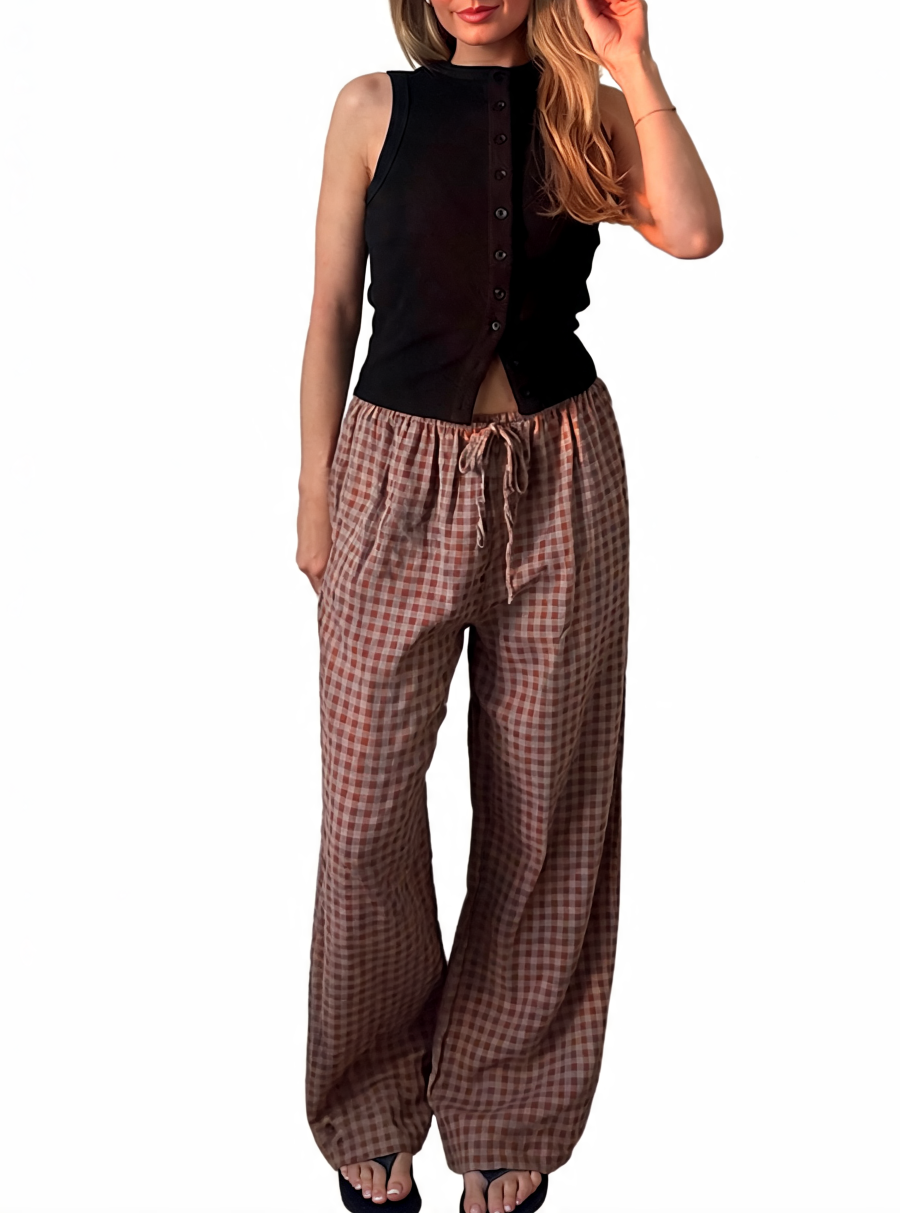 Wide Leg Gingham Textured Check High Waist Drawstring Trousers