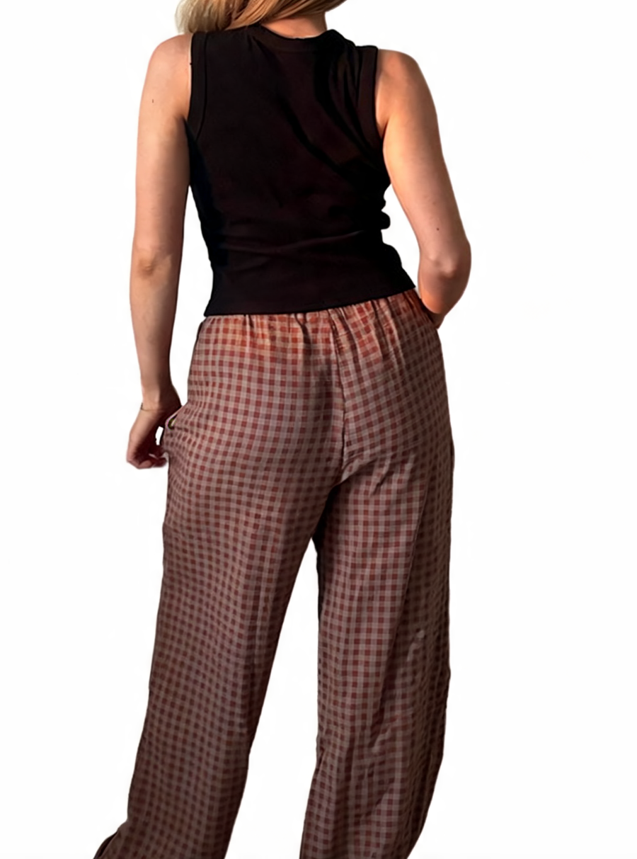 Wide Leg Gingham Textured Check High Waist Drawstring Trousers