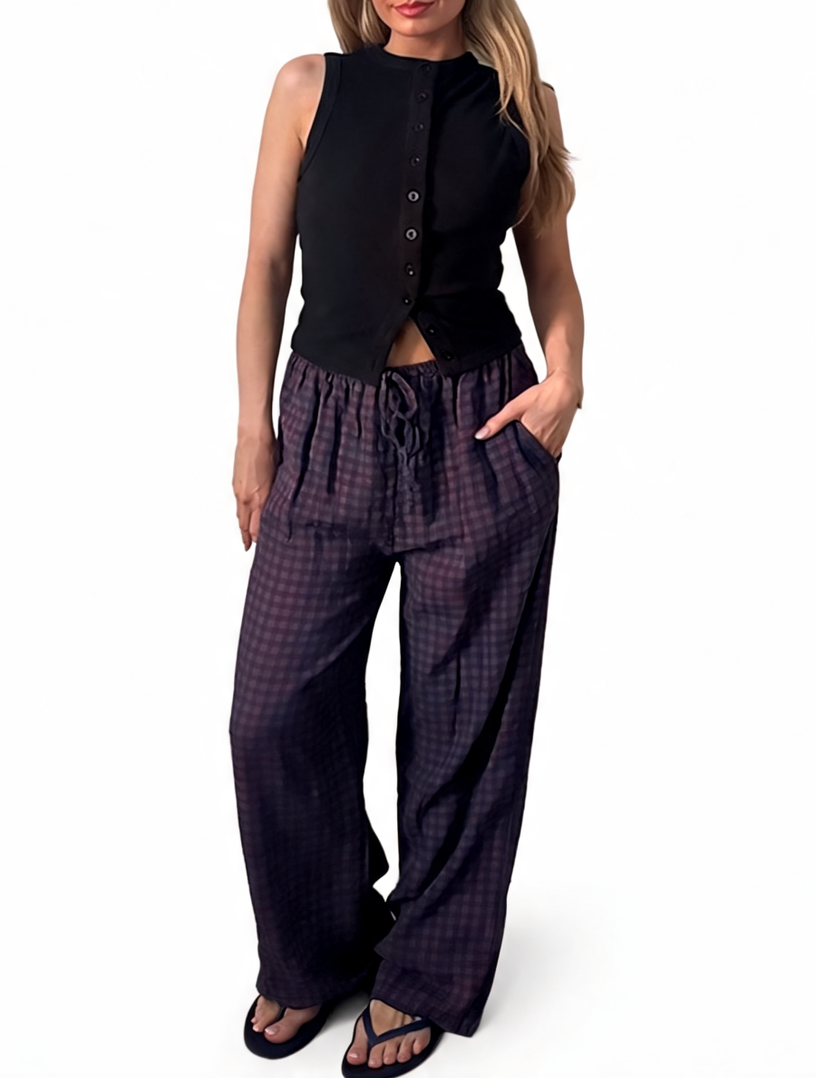 Wide Leg Gingham Textured Check High Waist Drawstring Trousers