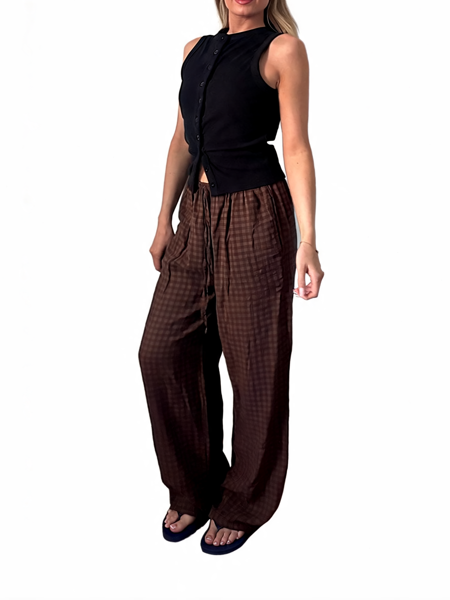 Wide Leg Gingham Textured Check High Waist Drawstring Trousers