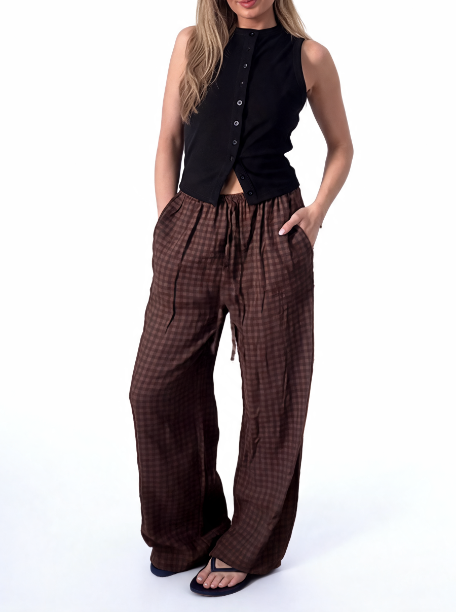 Wide Leg Gingham Textured Check High Waist Drawstring Trousers