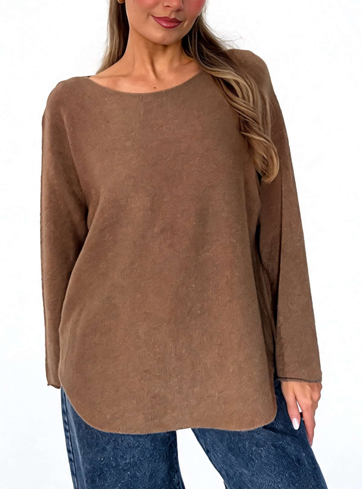 Brown boat-neck knit sweater with long sleeves and relaxed curved bottom