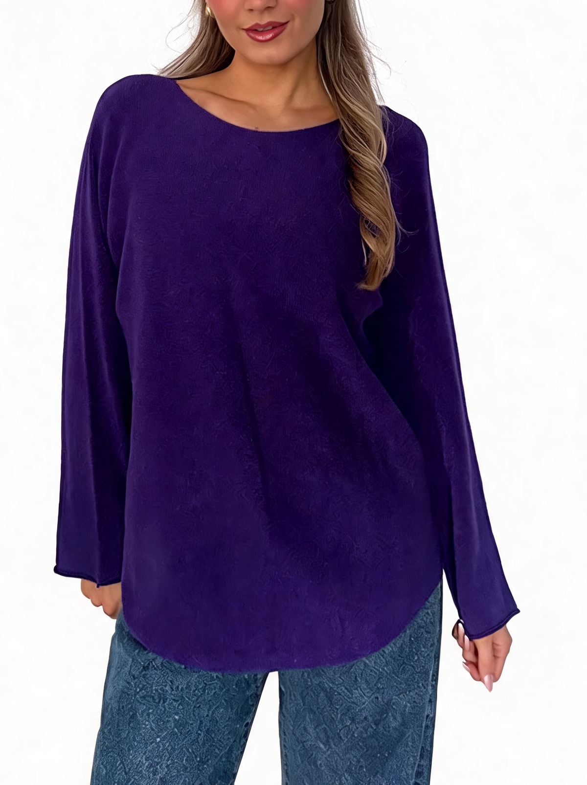 Deep purple boat-neck knit sweater with long sleeves and loose curved shape