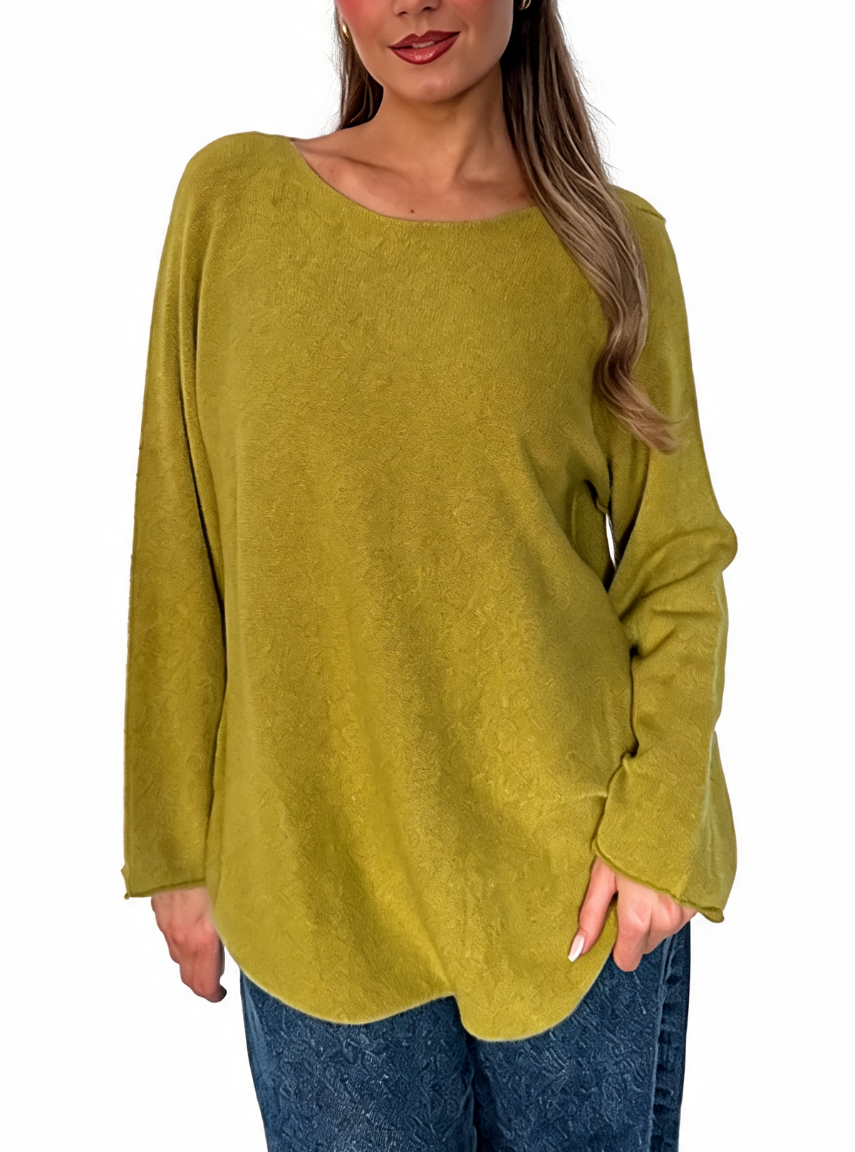 Olive boat-neck knit sweater with long sleeves and loose curved silhouette