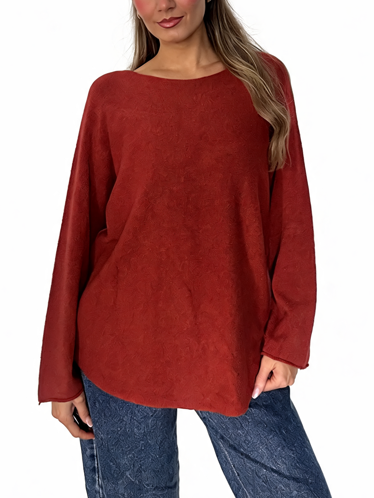 Burgundy boat-neck knit sweater with long sleeves and curved relaxed hem