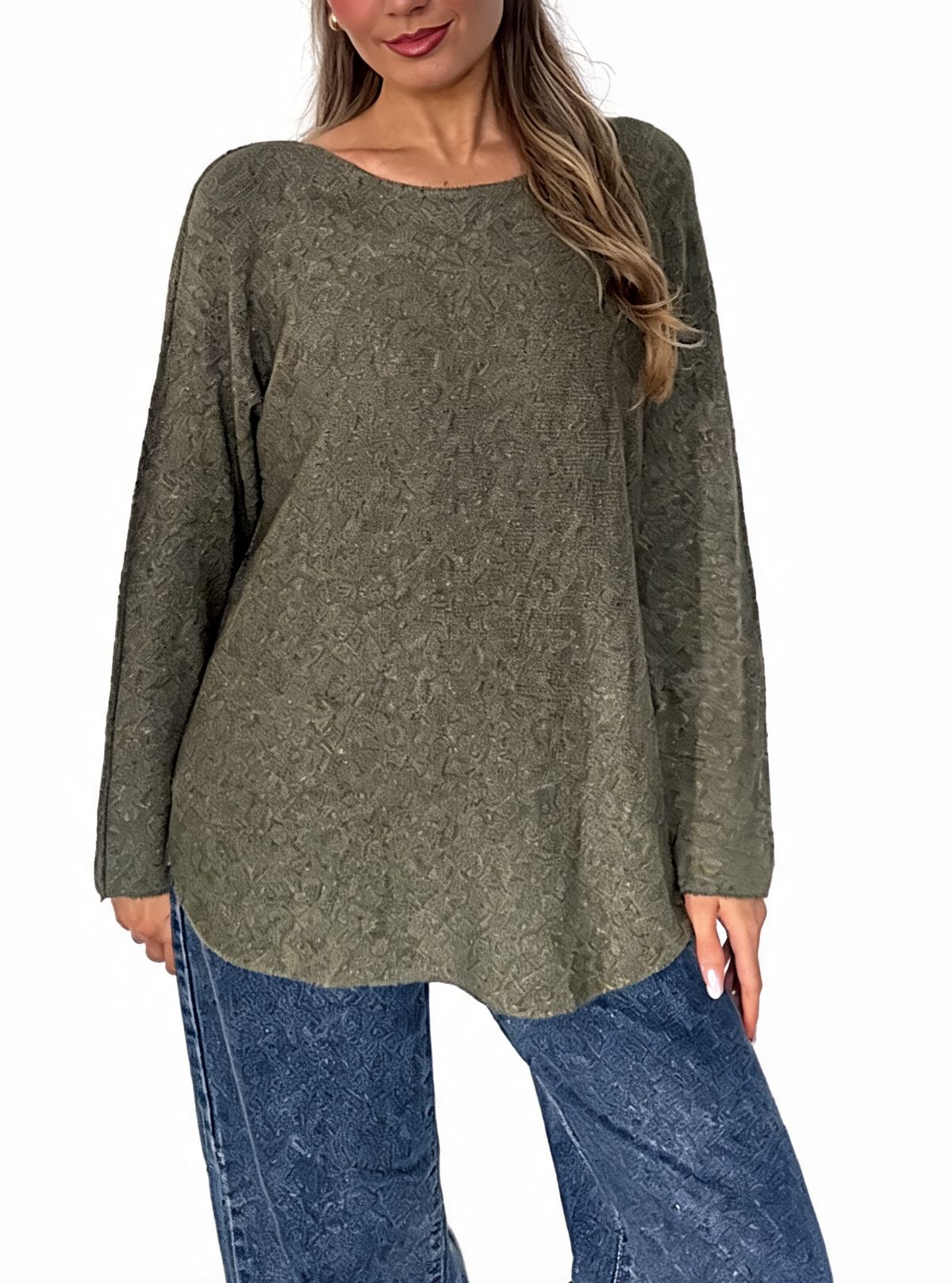Olive-gray boat-neck knit sweater with long sleeves and relaxed curved hem