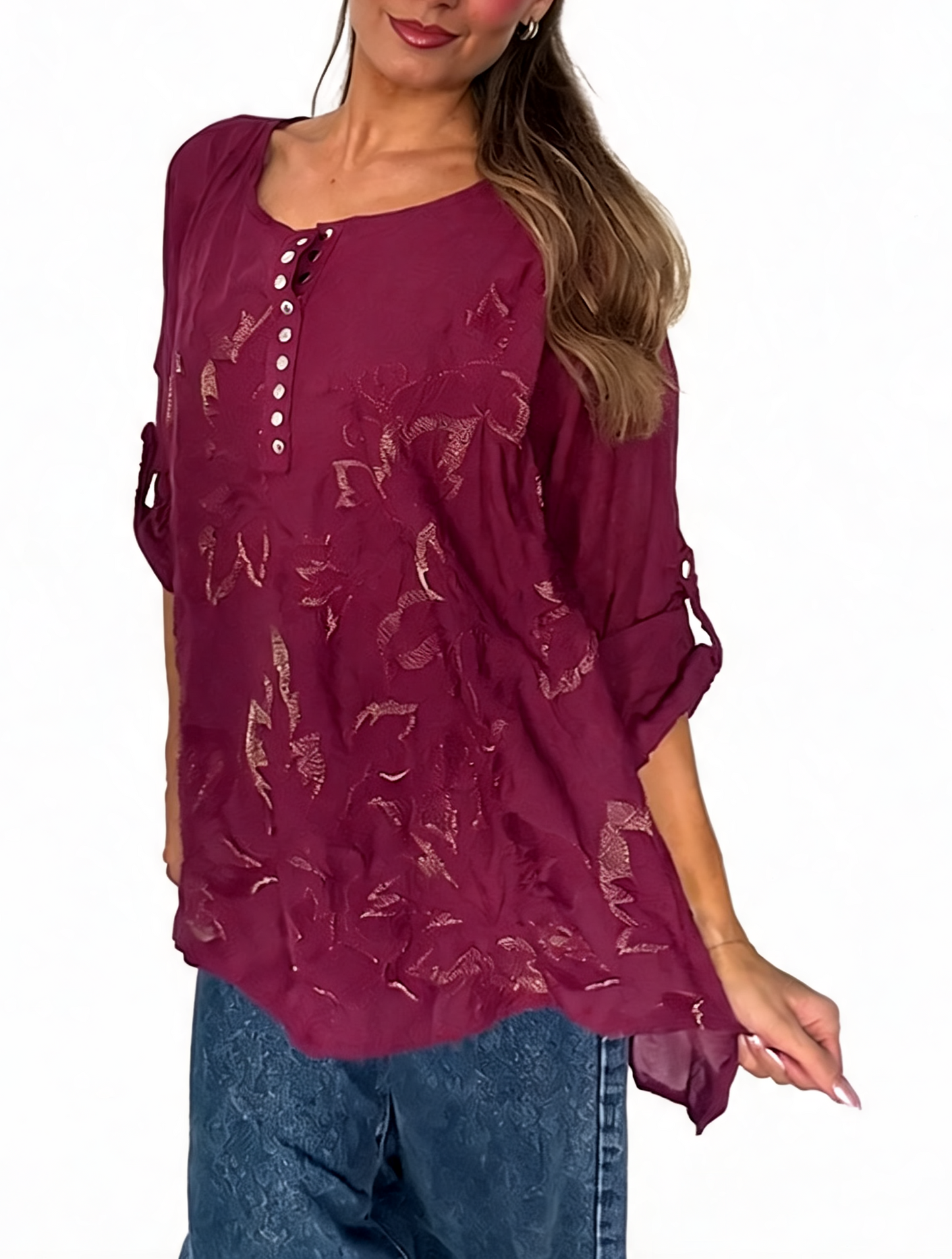 Floral Embroidered Button-Up Blouse