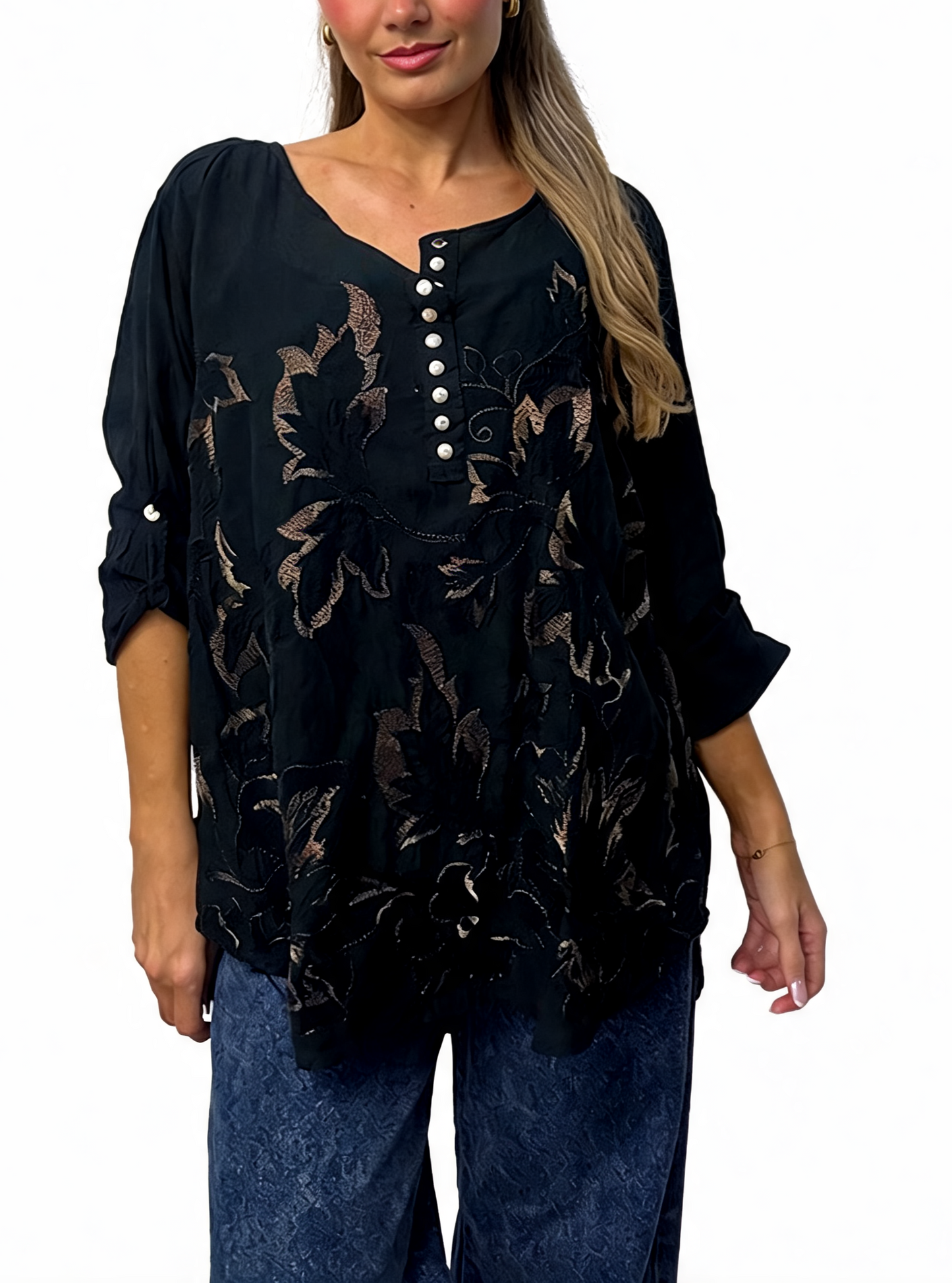 Floral Embroidered Button-Up Blouse