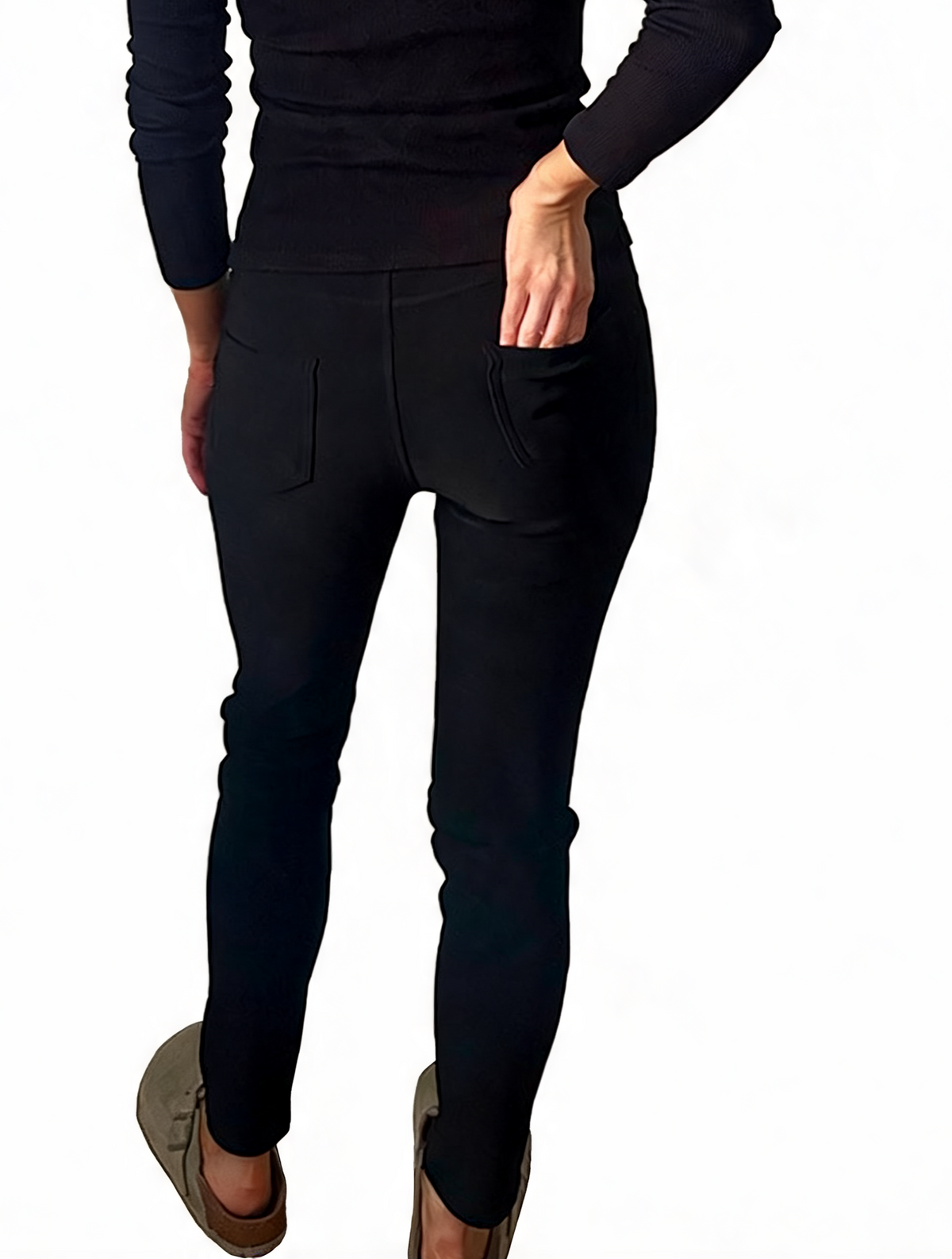 Black ankle-length leggings-style pants with hip zip pocket and side seams