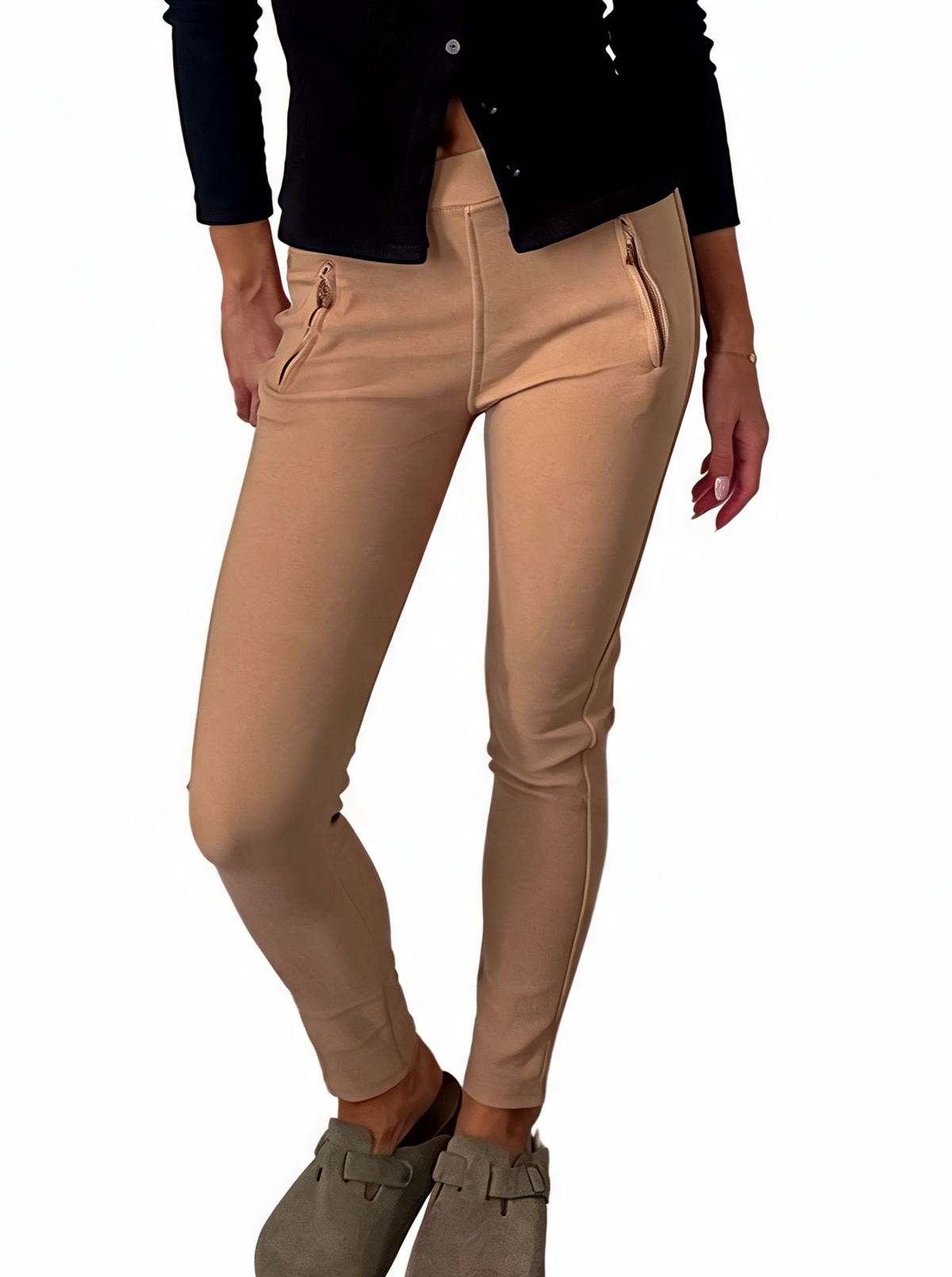 Light tan ankle-length leggings-style pants with side piping and zip pocket
