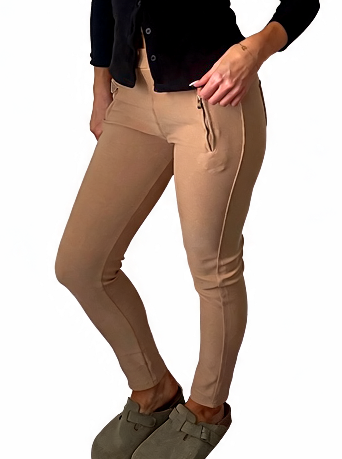 Tan ankle-length leggings-style pants with front zip pocket and side piping