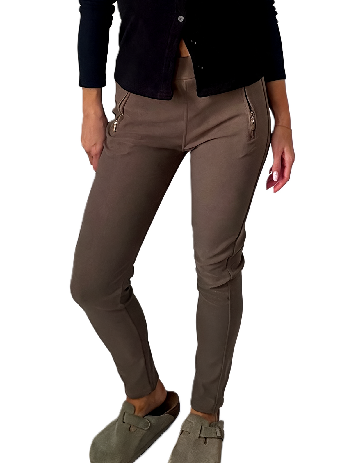 Dark taupe ankle-length leggings-style pants with zip pocket and side piping