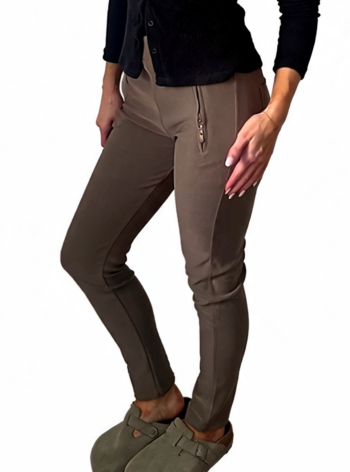 Mocha brown ankle-length leggings-style pants with hip zip pocket and side piping