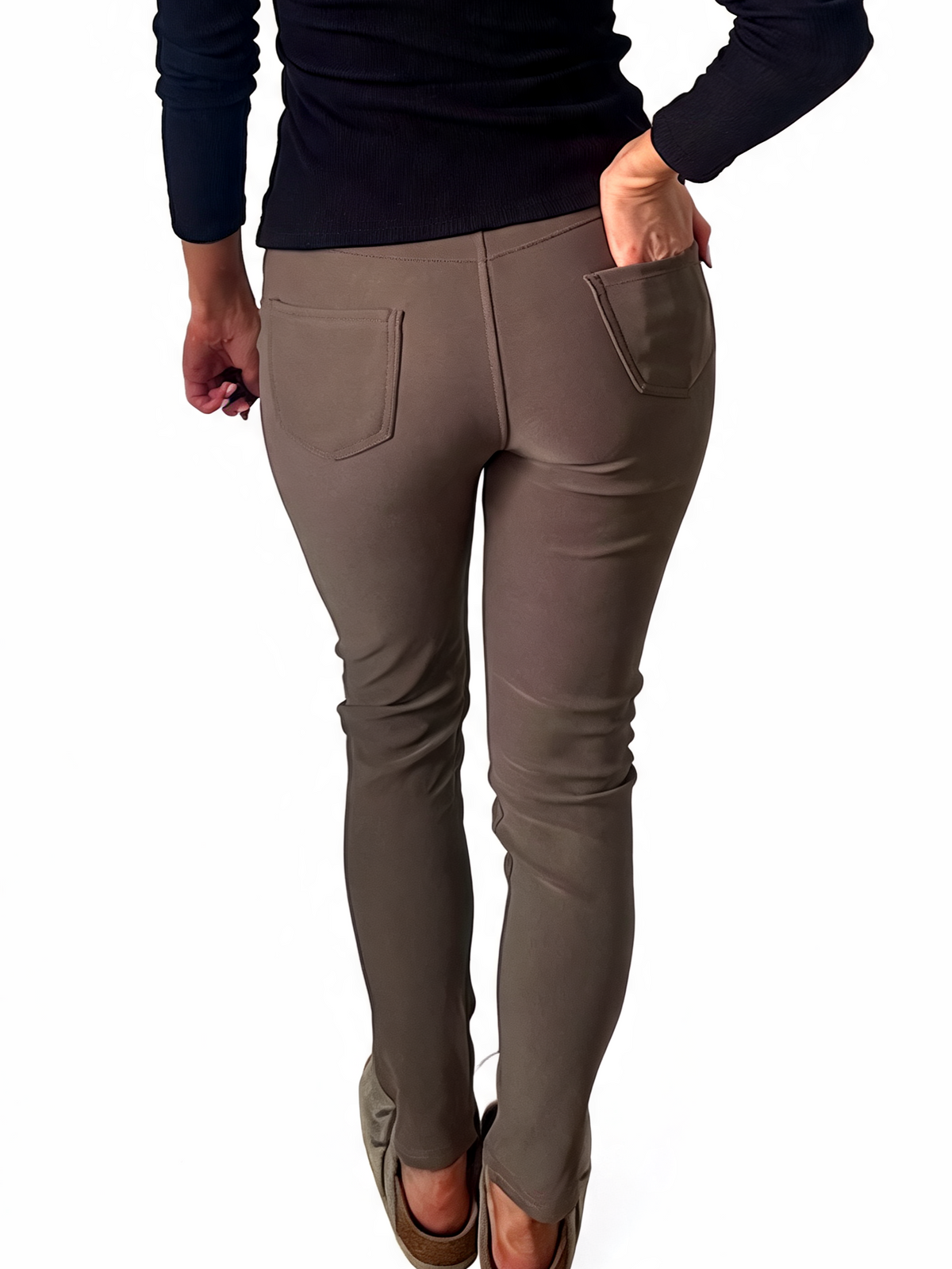 Taupe ankle-length leggings-style pants with side piping and zip pocket details