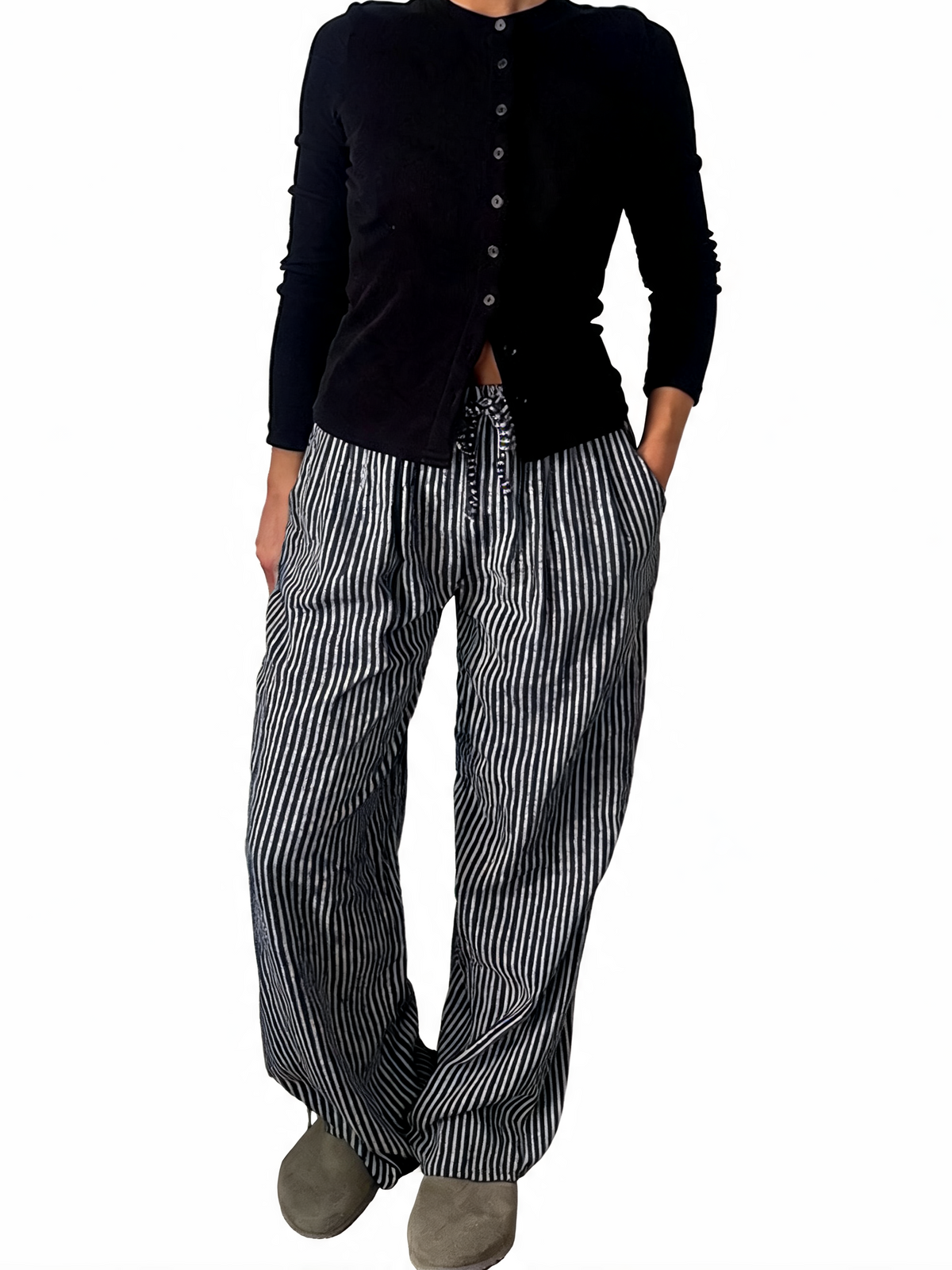 Black-and-white striped wide-leg drawstring trousers with relaxed straight legs