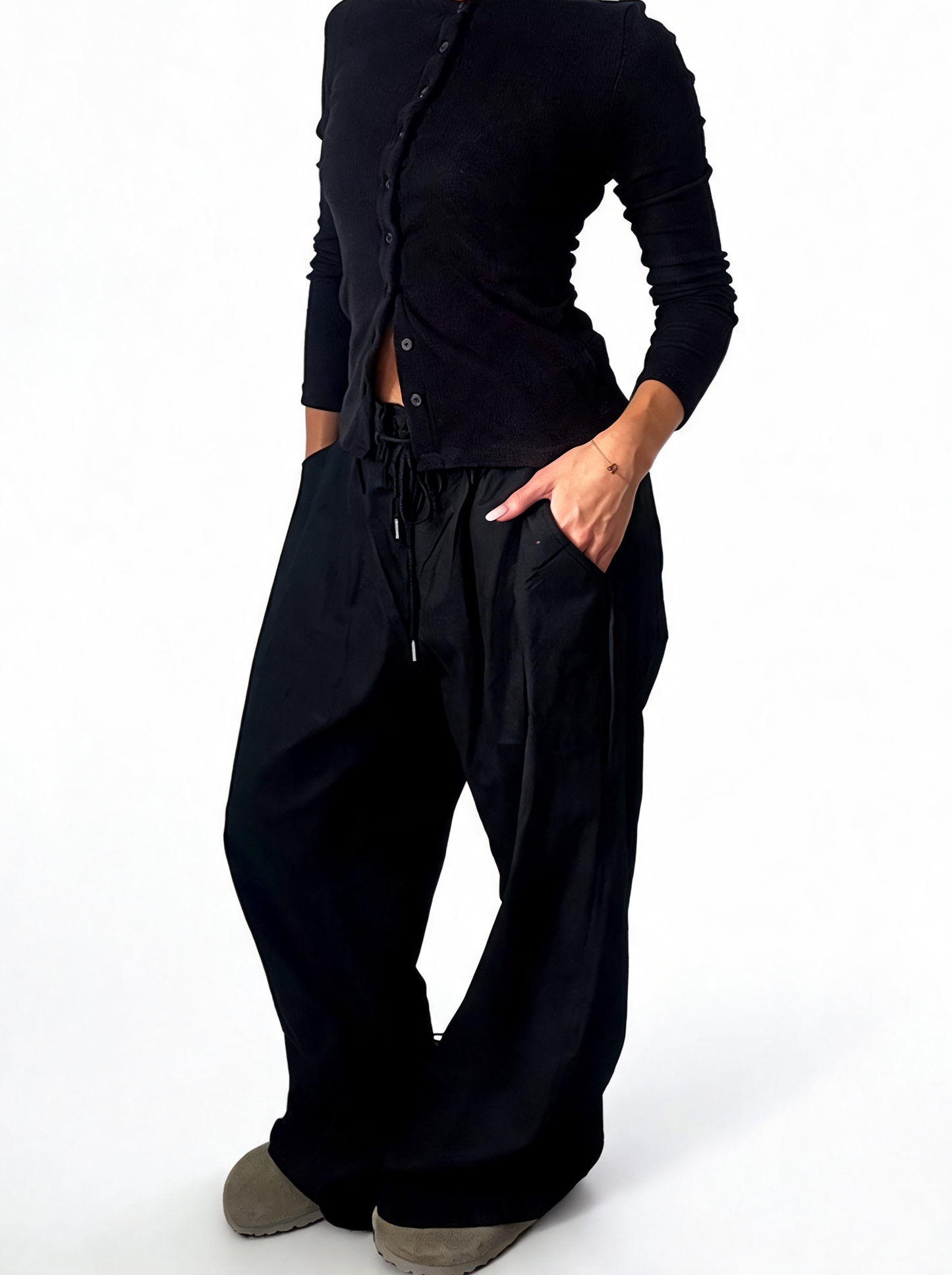 Dames broek met vierkante swirlprint zwart