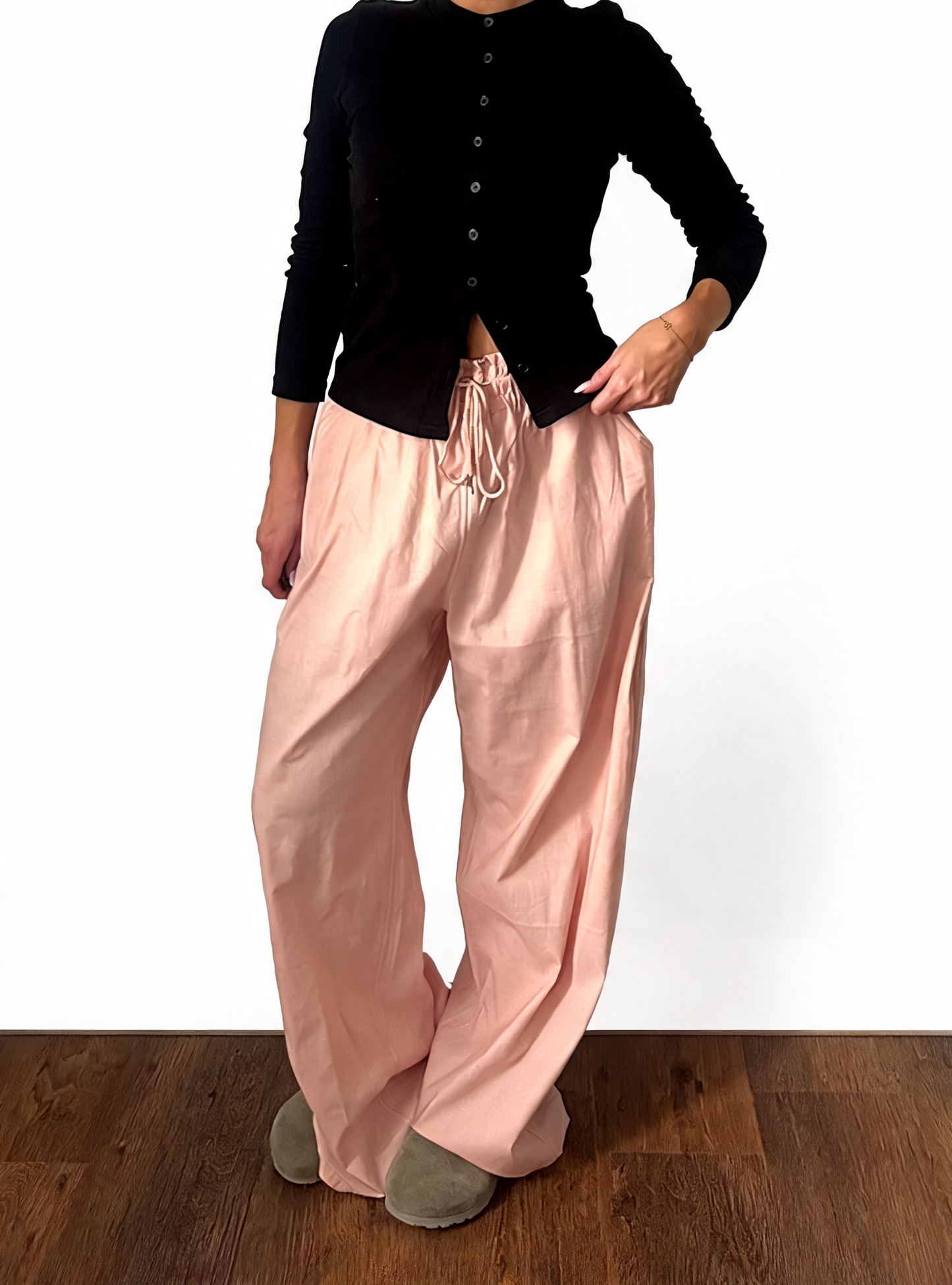 Dames broek met vierkante swirlprint zwart