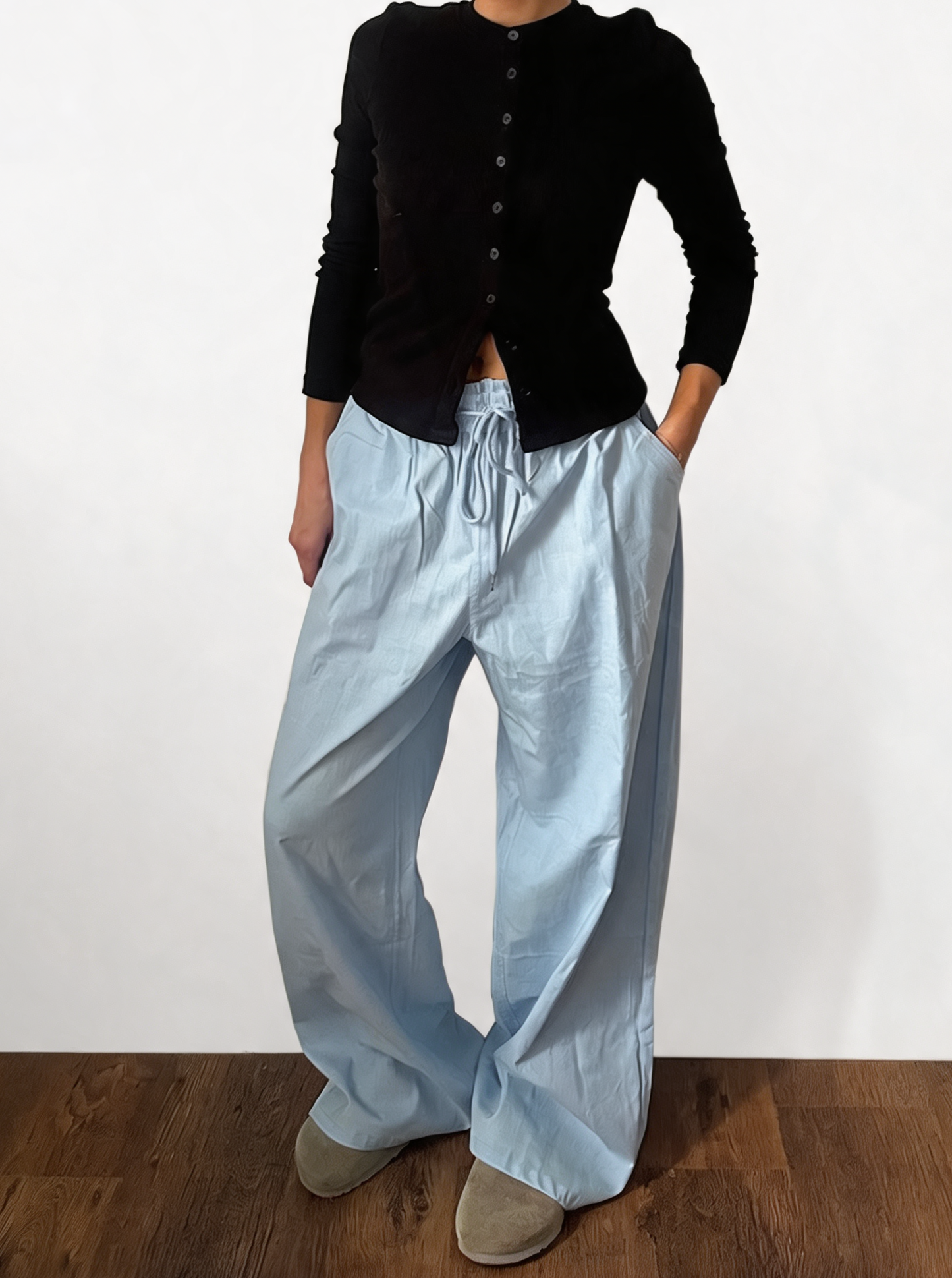 Dames broek met vierkante swirlprint zwart