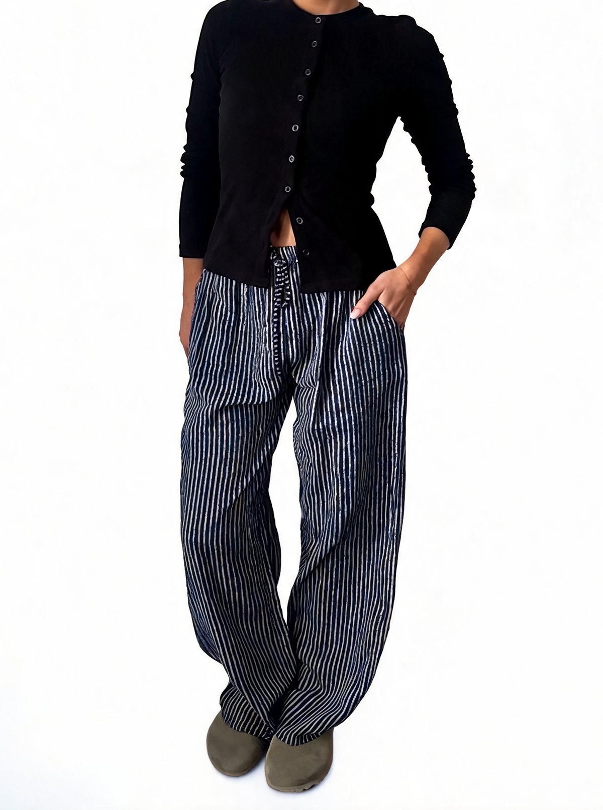 Blue-and-white striped wide-leg drawstring trousers with elastic waist