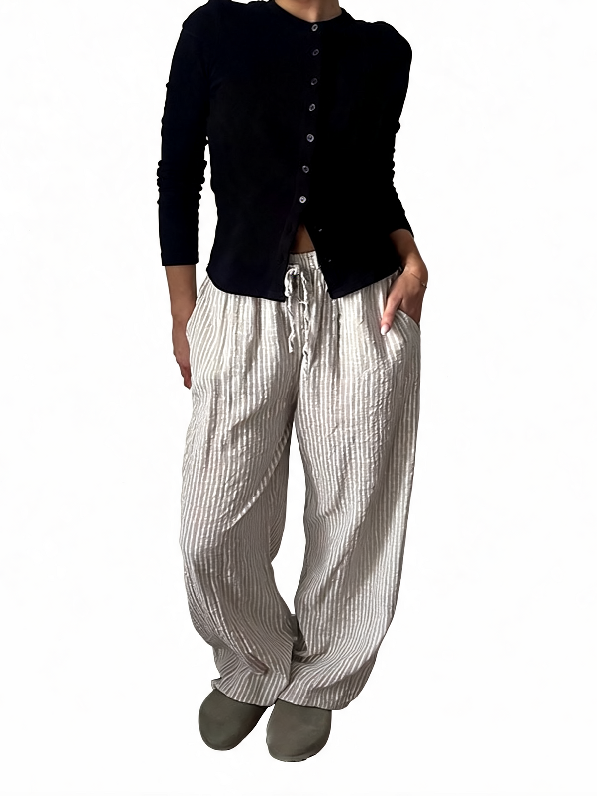 Silver-and-white striped wide-leg drawstring trousers with elastic waist