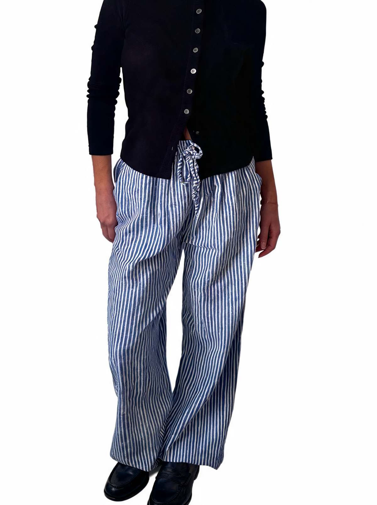 Blue-and-white striped wide-leg drawstring trousers with elastic waistband