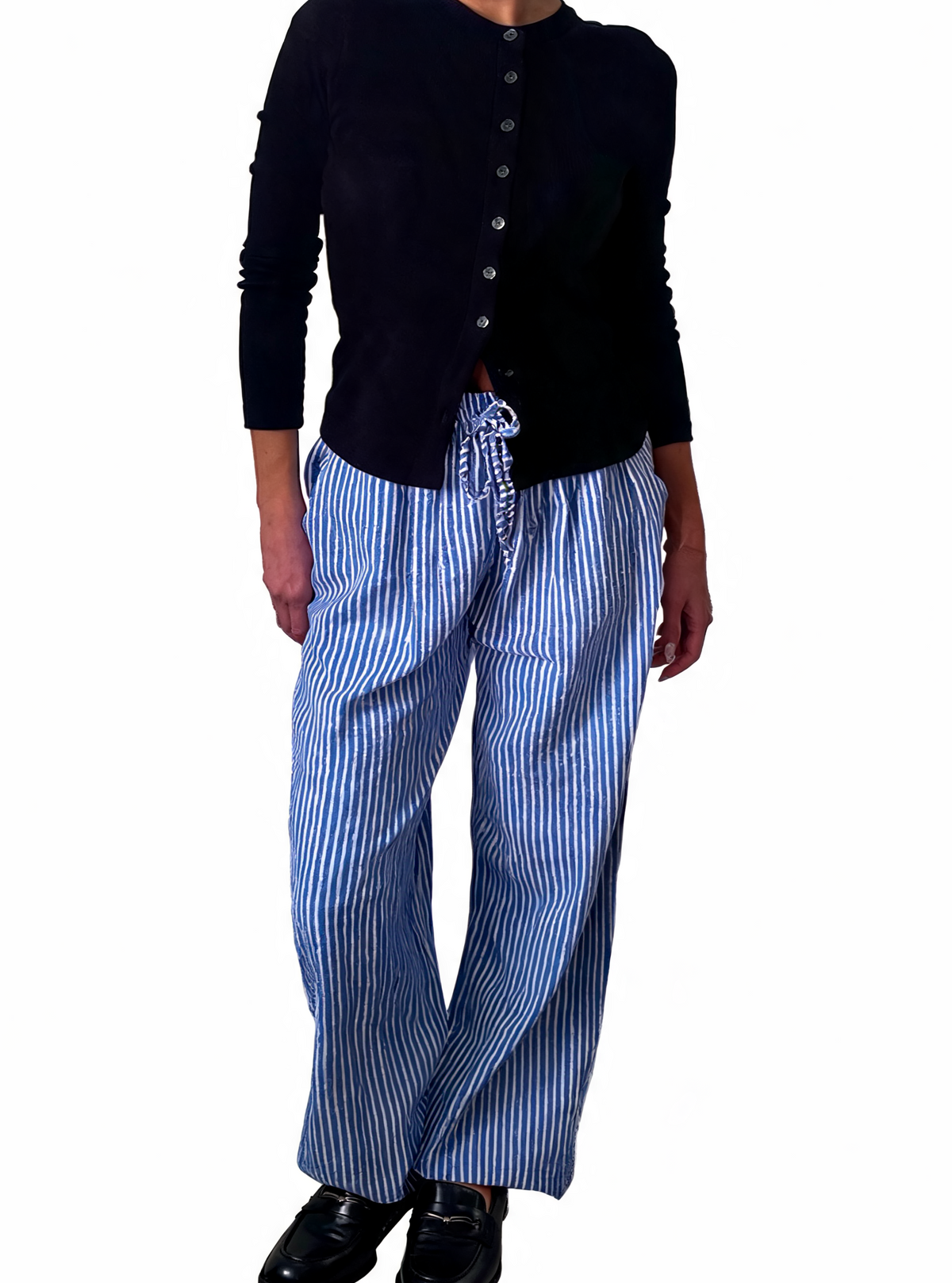 Blue-and-white striped wide-leg drawstring trousers with loose drape