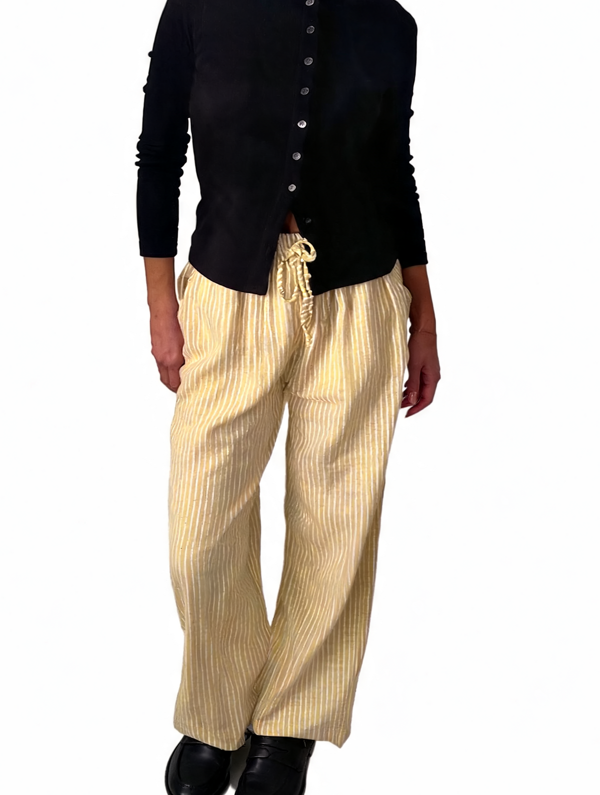 Striped wide-leg drawstring trousers in cream and dark vertical stripes