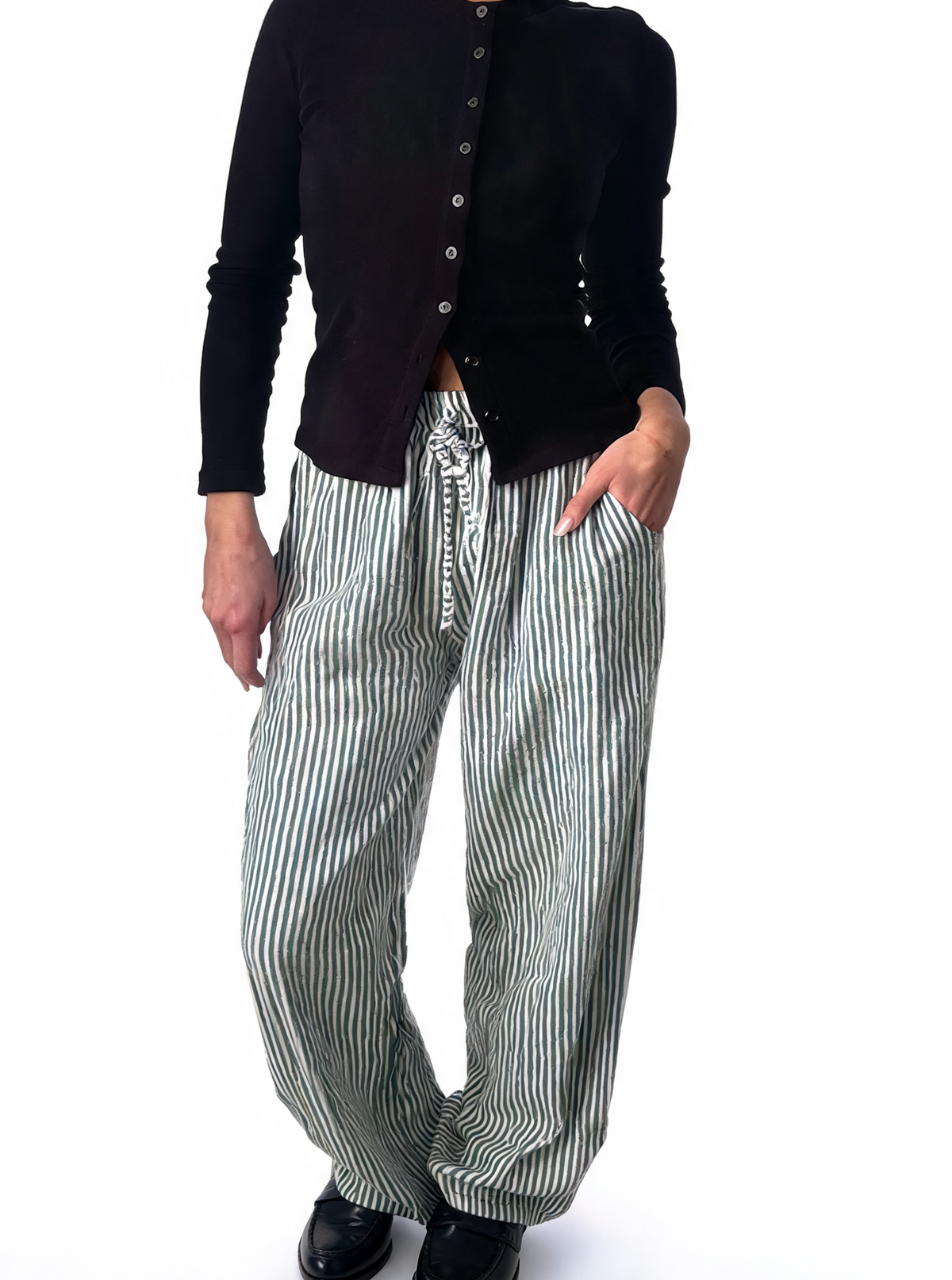 Striped wide-leg drawstring trousers with blue and white vertical stripes