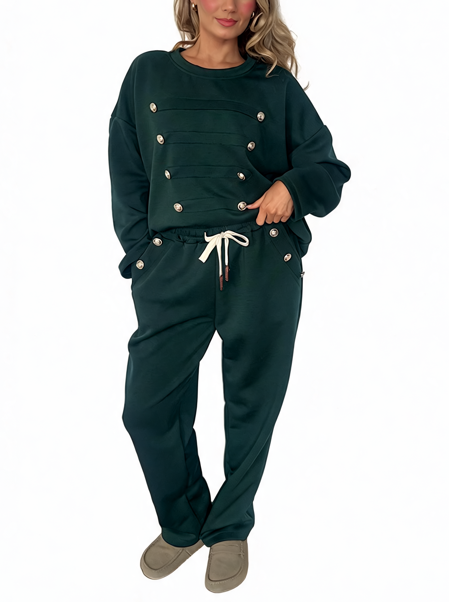 Oversized Button-Detail Loungewear Set Sweatshirt & Jogger Two-Piece