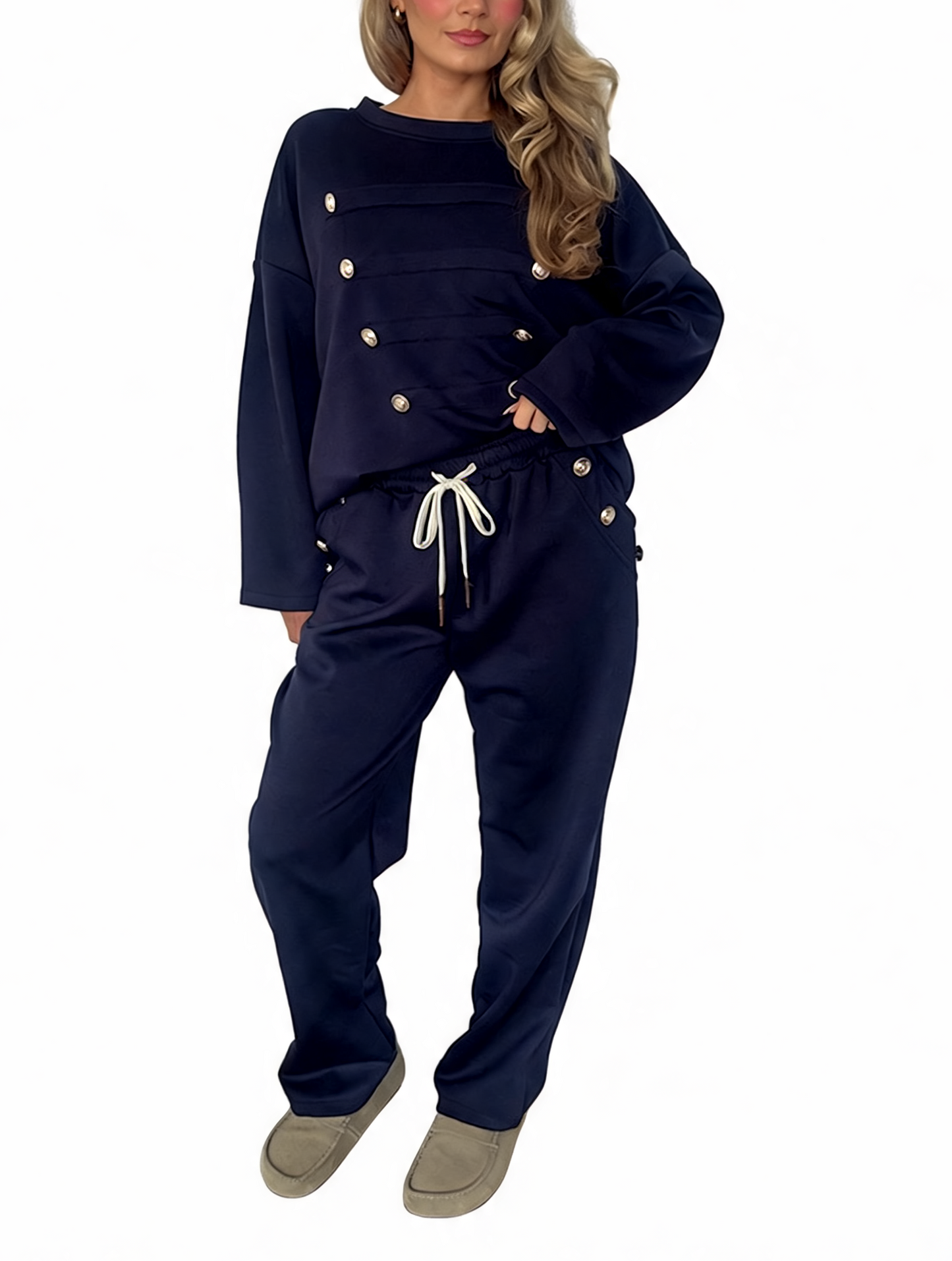 Oversized Button-Detail Loungewear Set Sweatshirt & Jogger Two-Piece