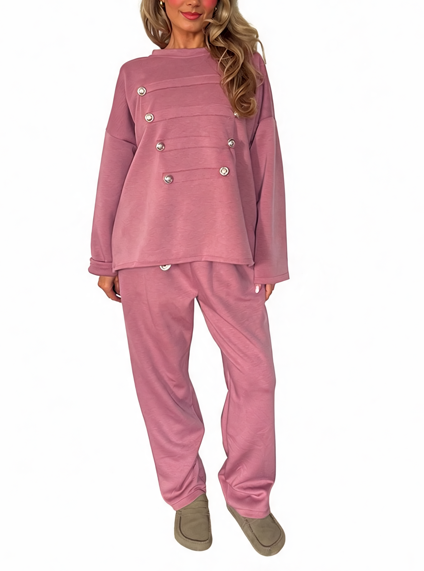 Oversized Button-Detail Loungewear Set Sweatshirt & Jogger Two-Piece