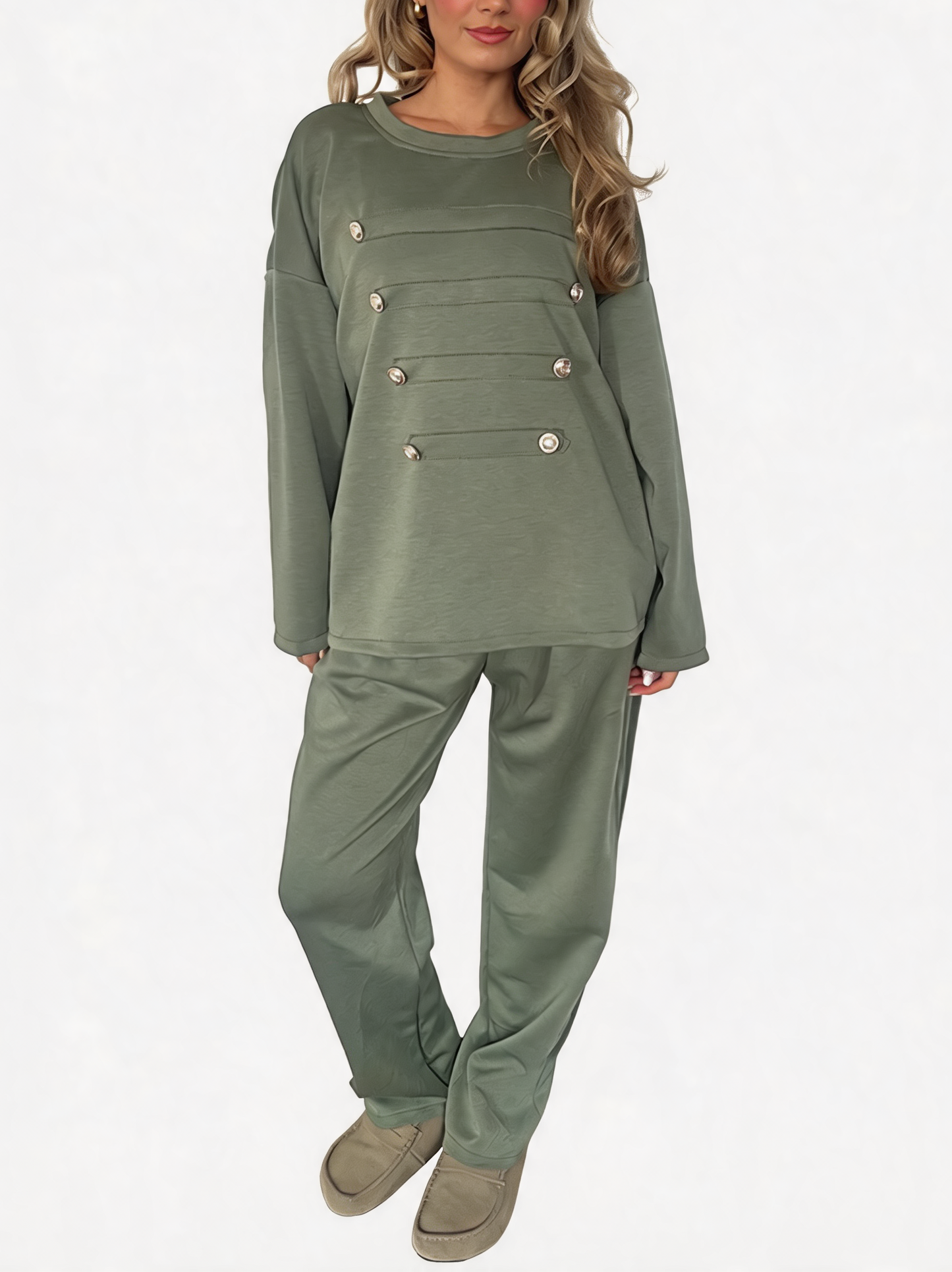 Oversized Button-Detail Loungewear Set Sweatshirt & Jogger Two-Piece