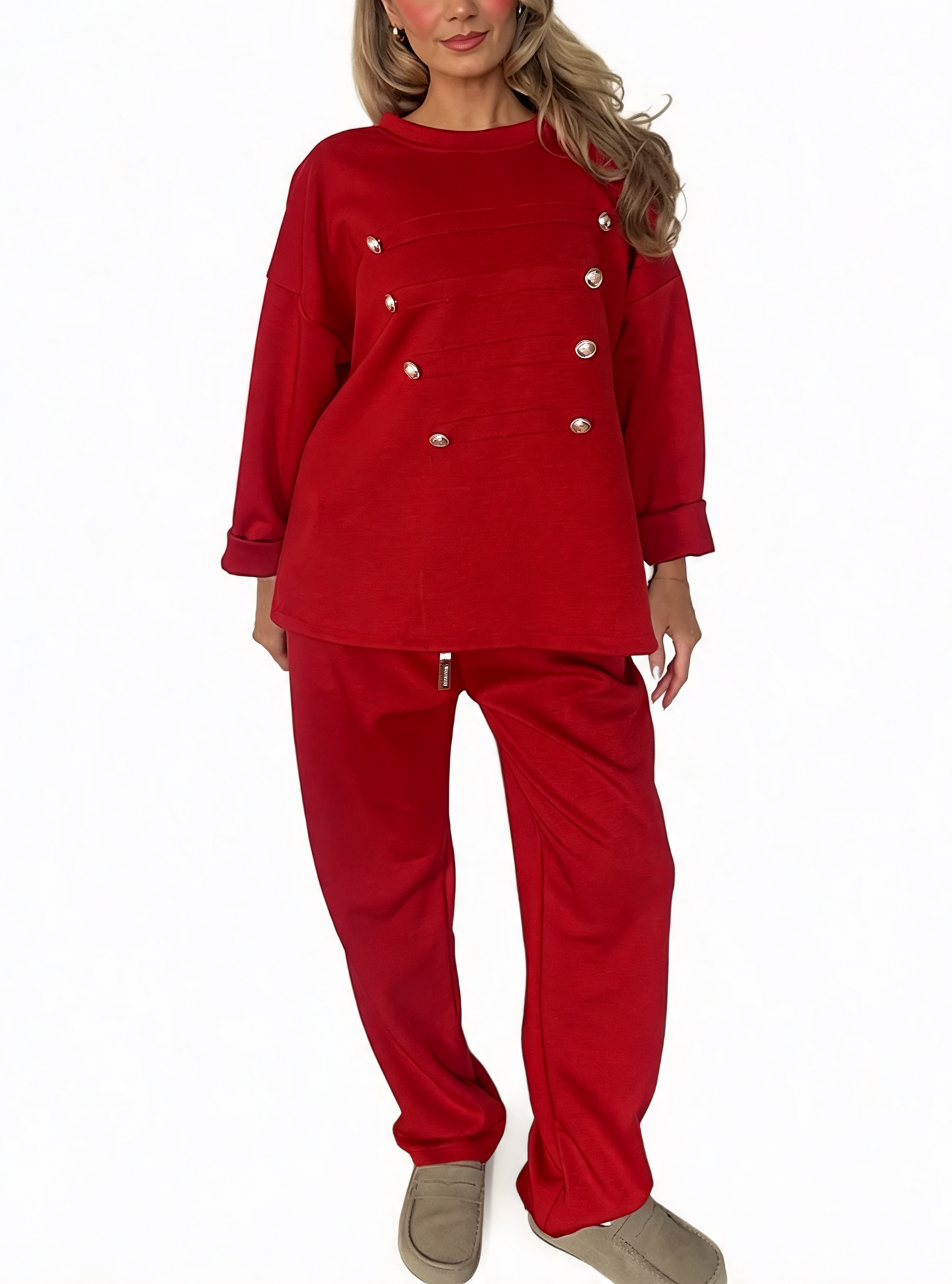 Oversized Button-Detail Loungewear Set Sweatshirt & Jogger Two-Piece