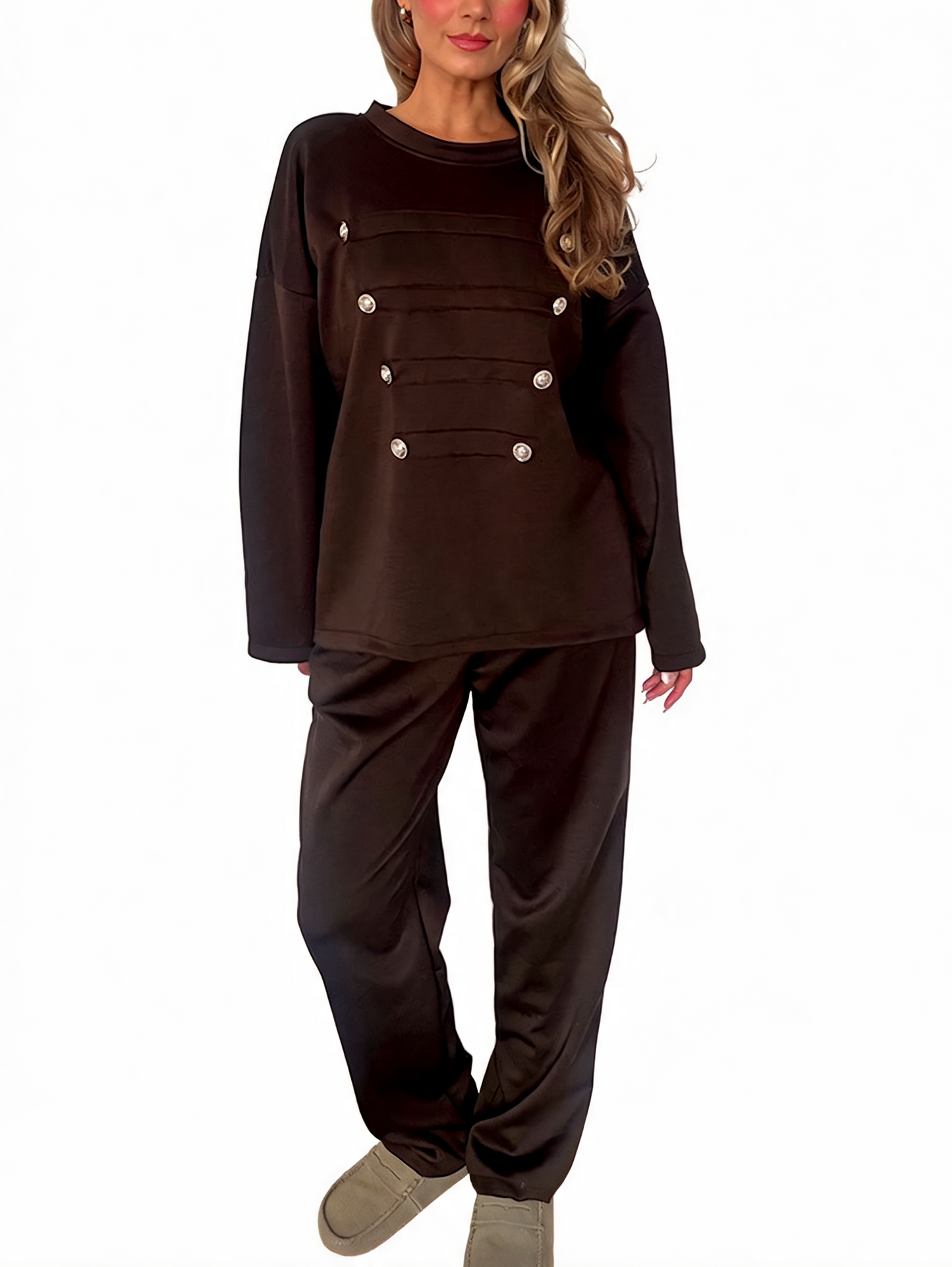 Oversized Button-Detail Loungewear Set Sweatshirt & Jogger Two-Piece