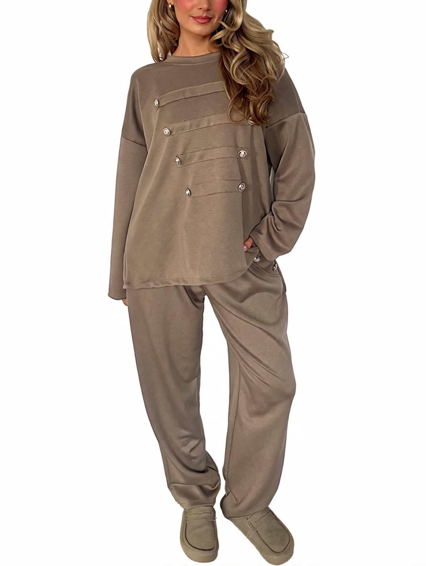 Oversized Button-Detail Loungewear Set Sweatshirt & Jogger Two-Piece