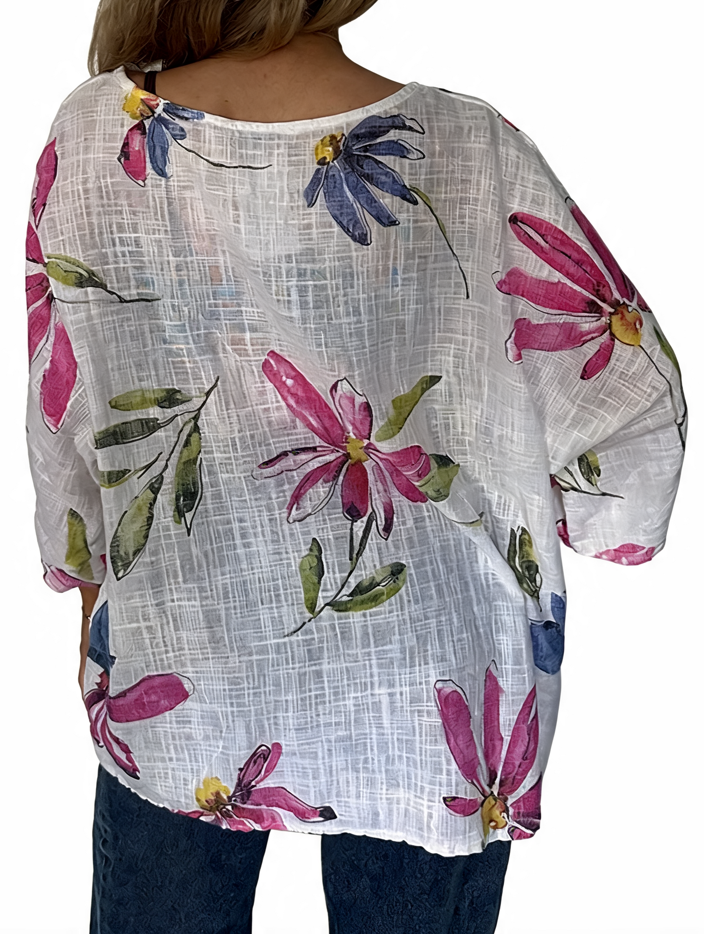 T-shirt met korte mouwen van bloemenkant en botanische print - Marineblauw