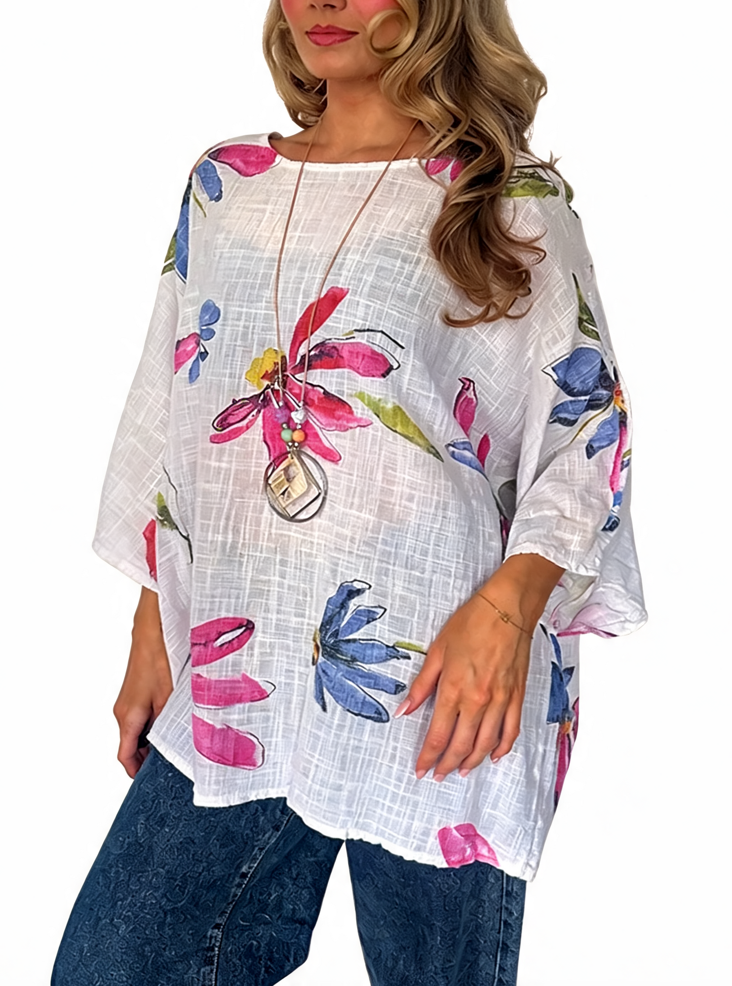 T-shirt met korte mouwen van bloemenkant en botanische print - Marineblauw