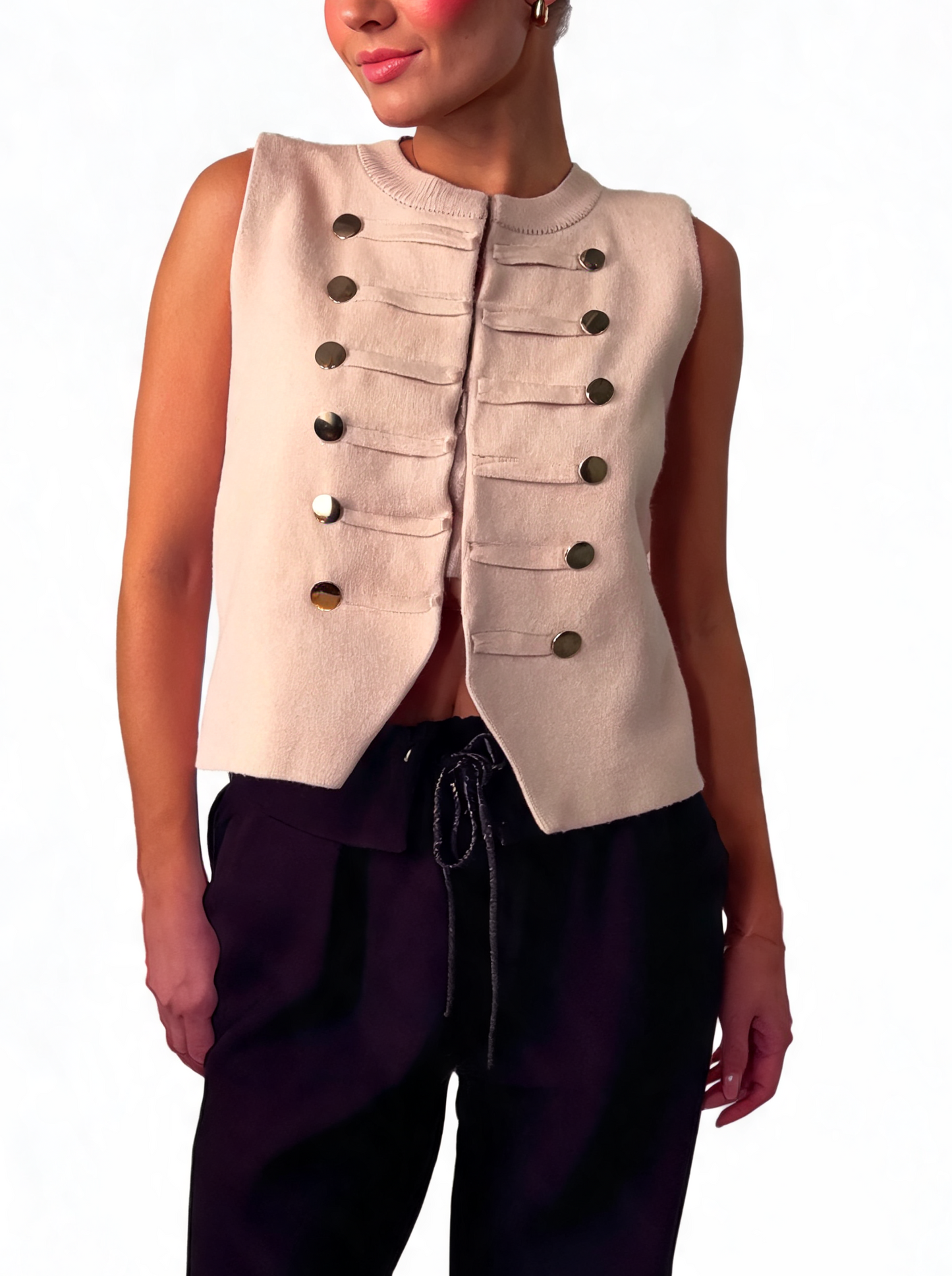 Military-Inspired Sleeveless Button Textured Knit Statement Waistcoat
