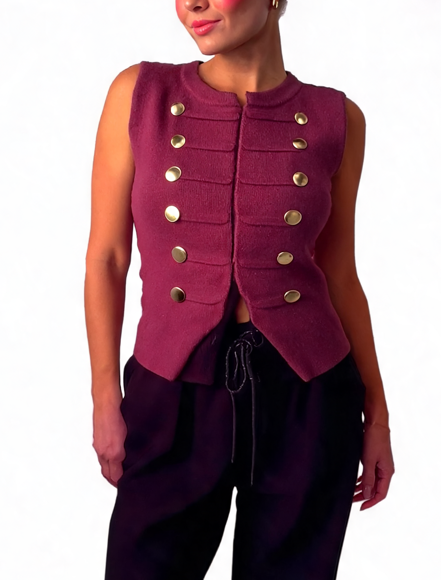 Military-Inspired Sleeveless Button Textured Knit Statement Waistcoat