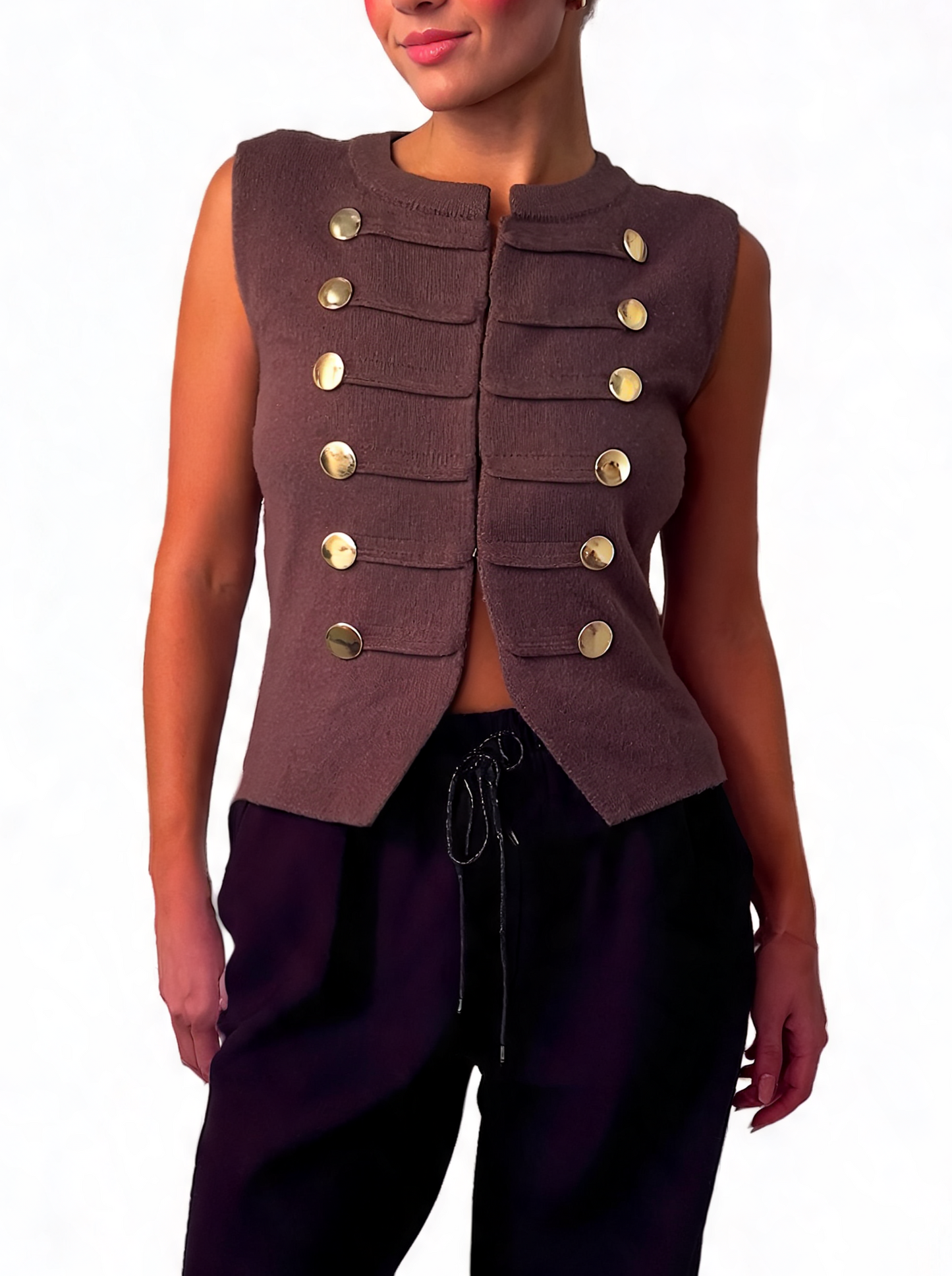 Military-Inspired Sleeveless Button Textured Knit Statement Waistcoat
