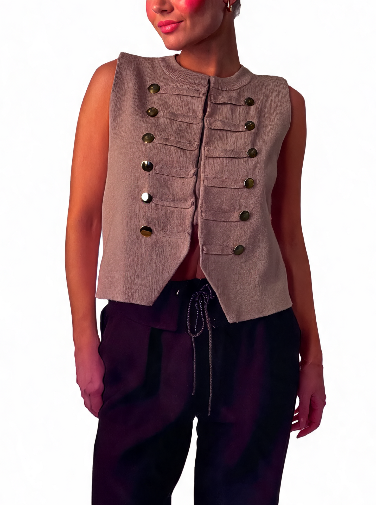 Military-Inspired Sleeveless Button Textured Knit Statement Waistcoat