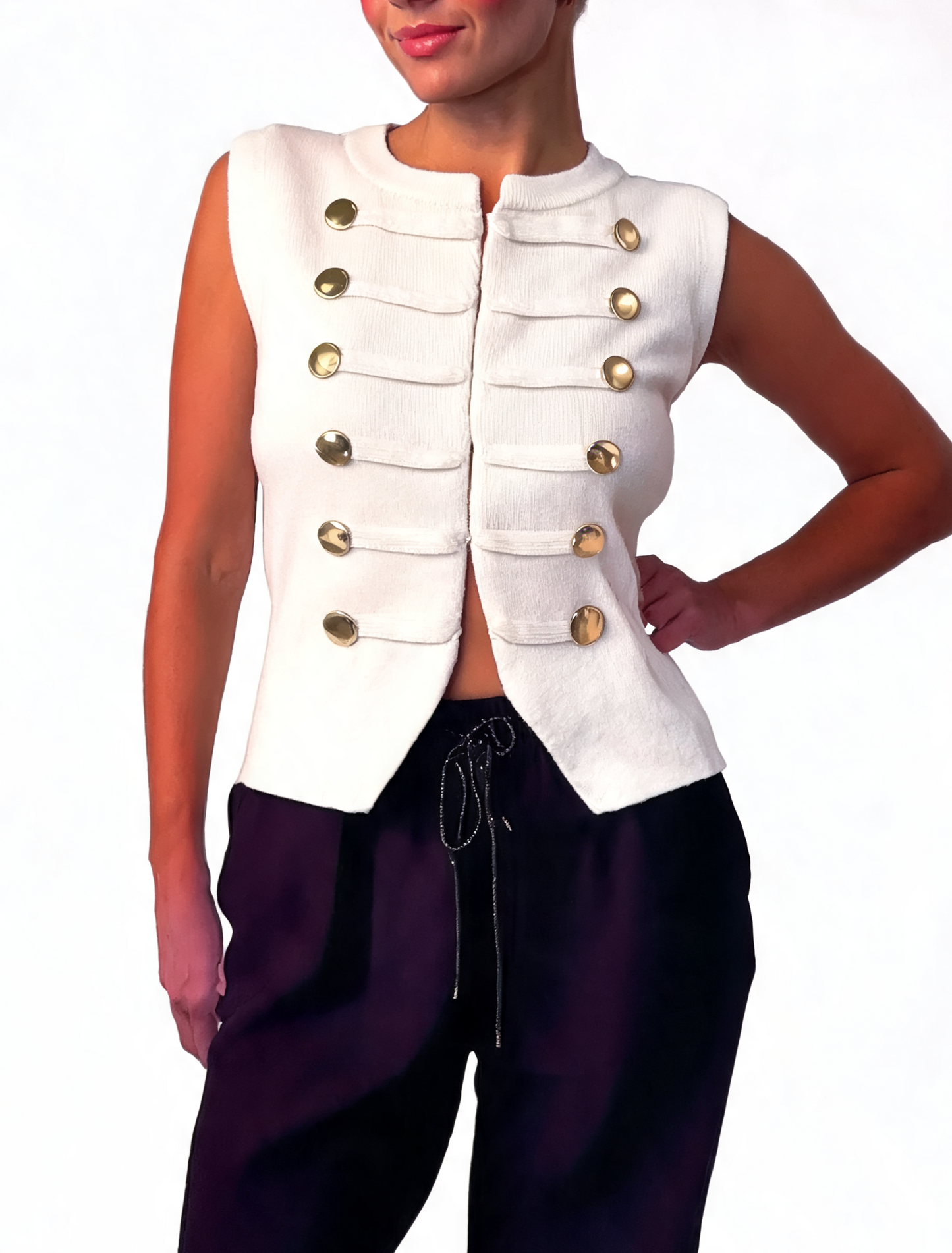 Military-Inspired Sleeveless Button Textured Knit Statement Waistcoat