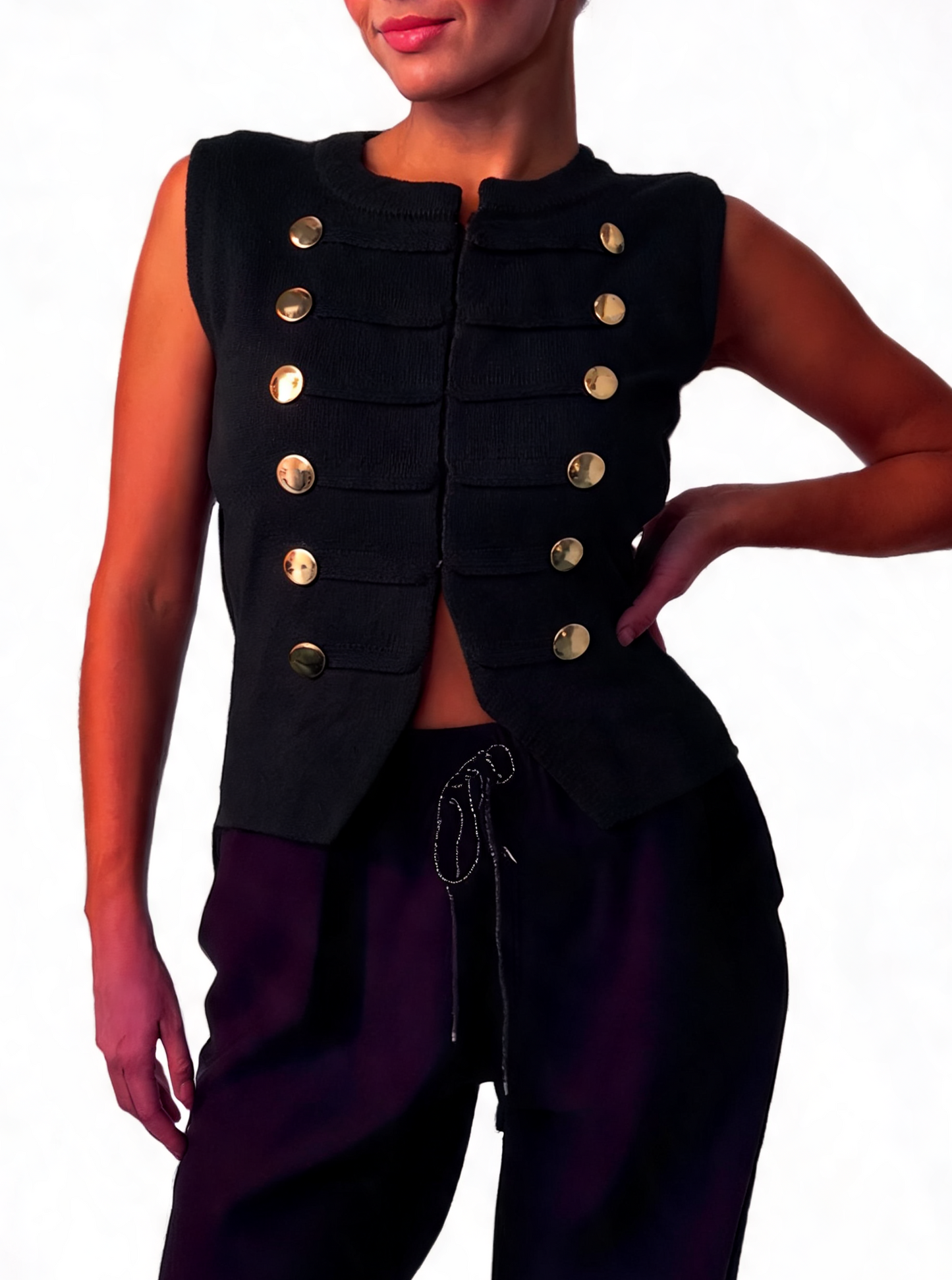 Military-Inspired Sleeveless Button Textured Knit Statement Waistcoat