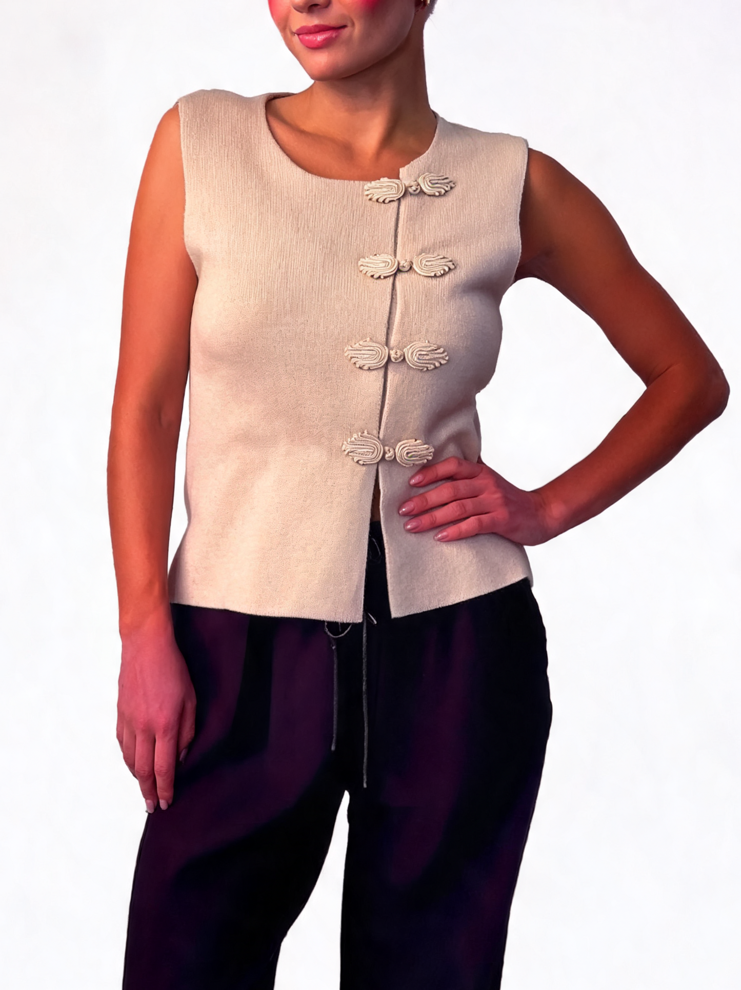 Frog-Fastening Sleeveless Wrap Textured Knit Asymmetric Waistcoat