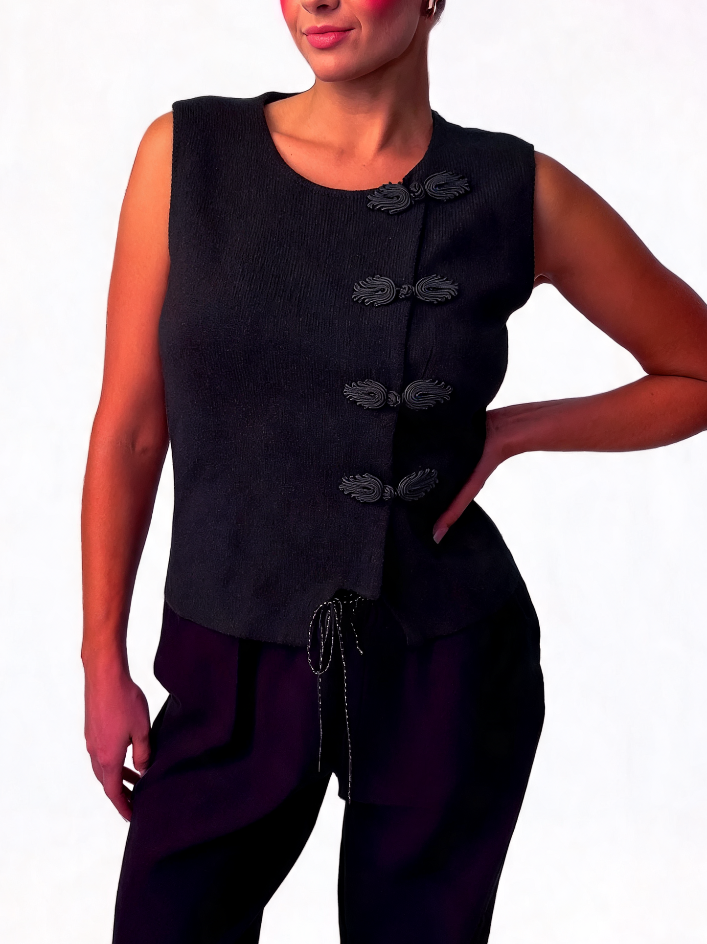 Frog-Fastening Sleeveless Wrap Textured Knit Asymmetric Waistcoat
