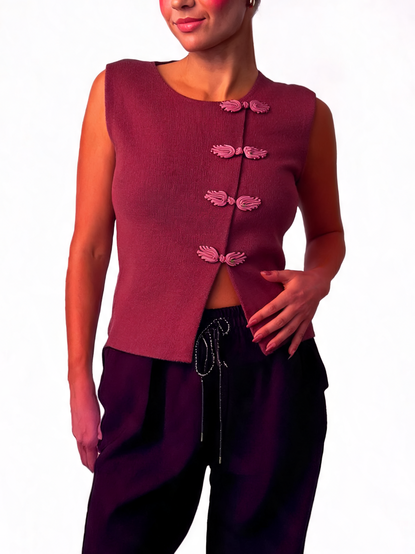 Frog-Fastening Sleeveless Wrap Textured Knit Asymmetric Waistcoat