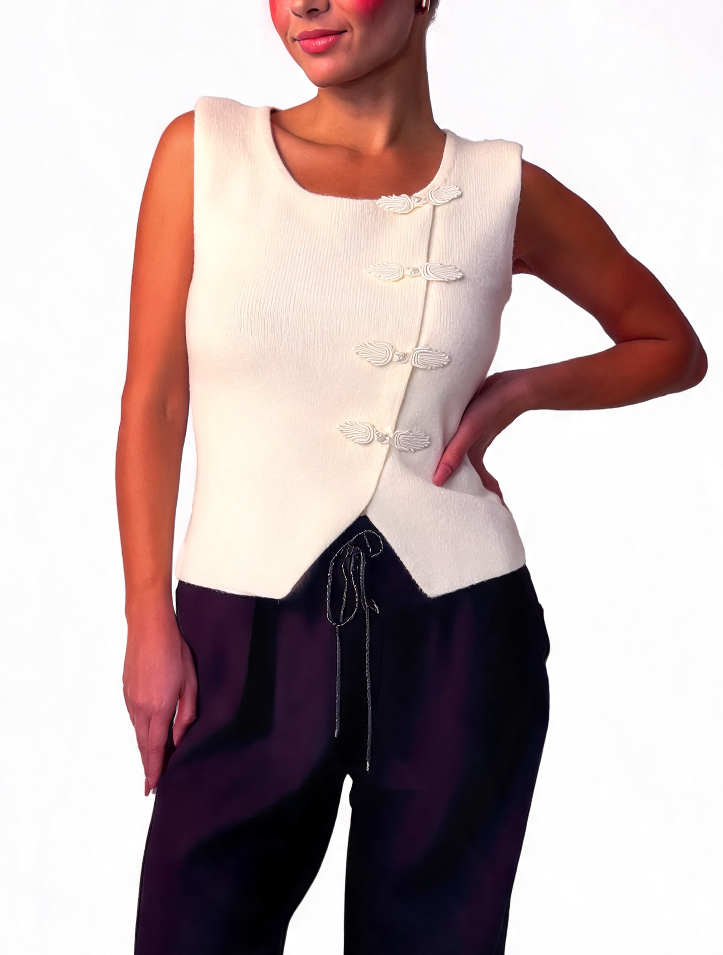 Frog-Fastening Sleeveless Wrap Textured Knit Asymmetric Waistcoat