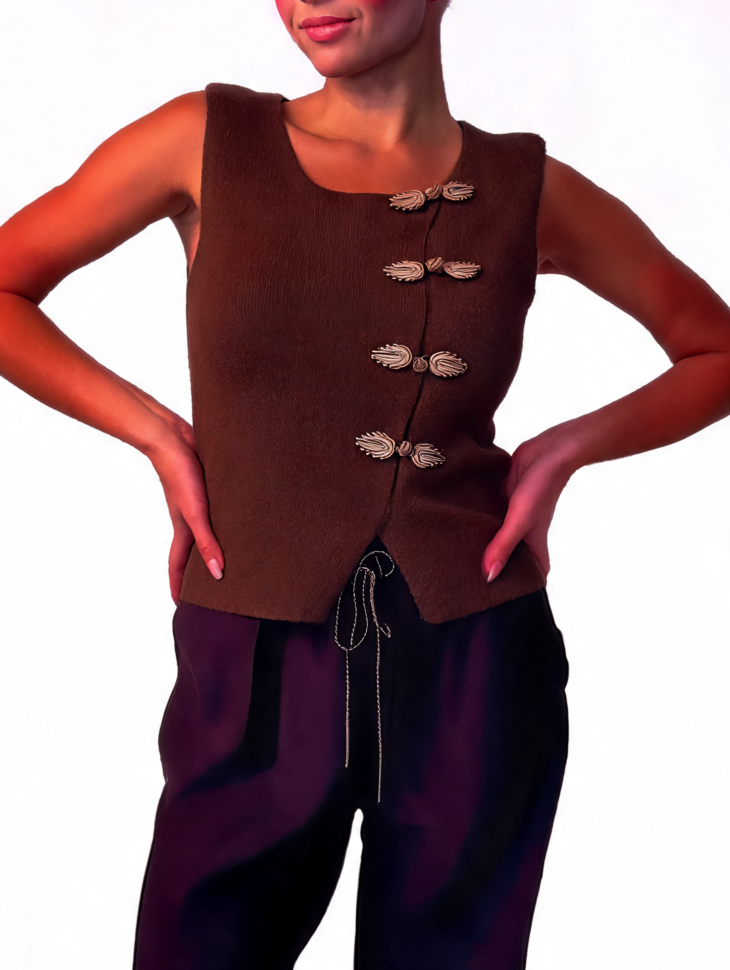 Frog-Fastening Sleeveless Wrap Textured Knit Asymmetric Waistcoat