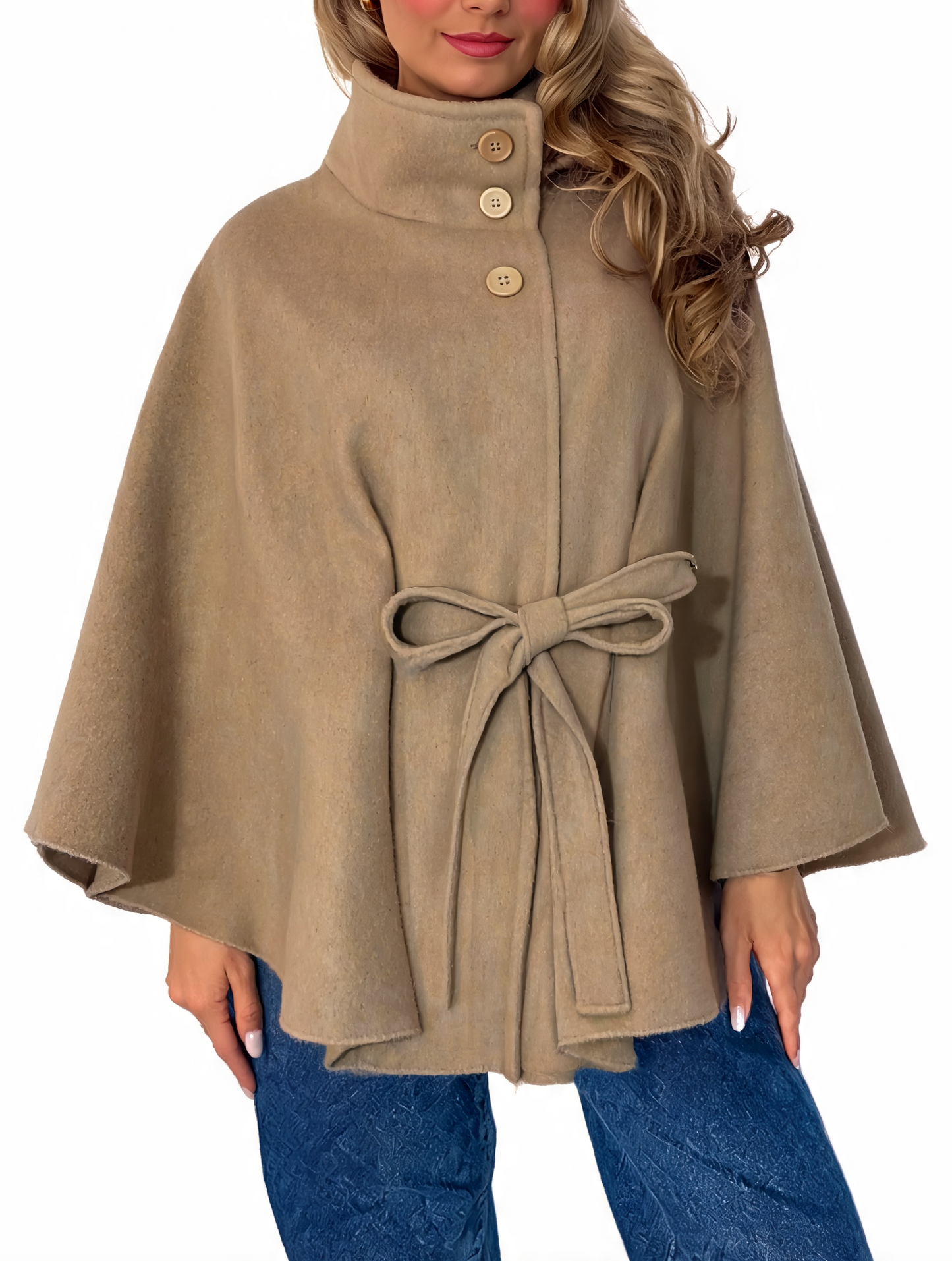 Belted Cape Coat Poncho Jacket with Tie Waist