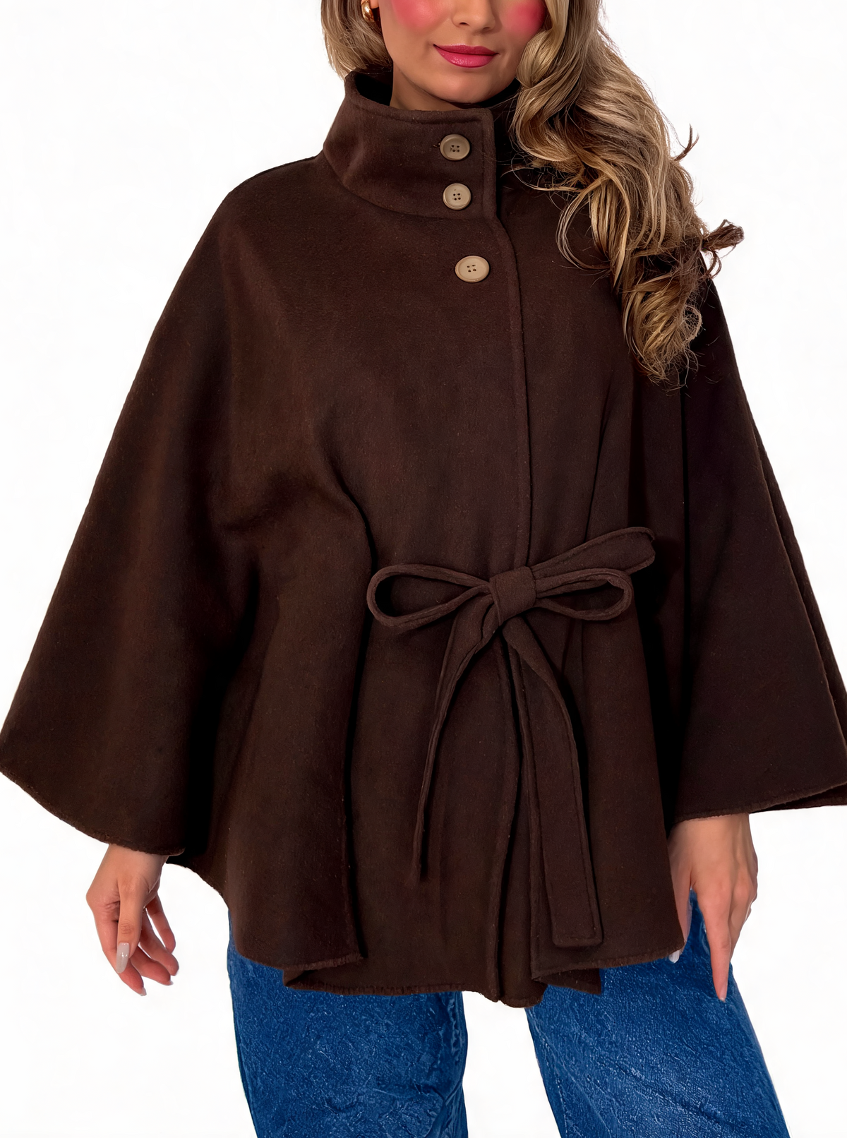 Belted Cape Coat Poncho Jacket with Tie Waist